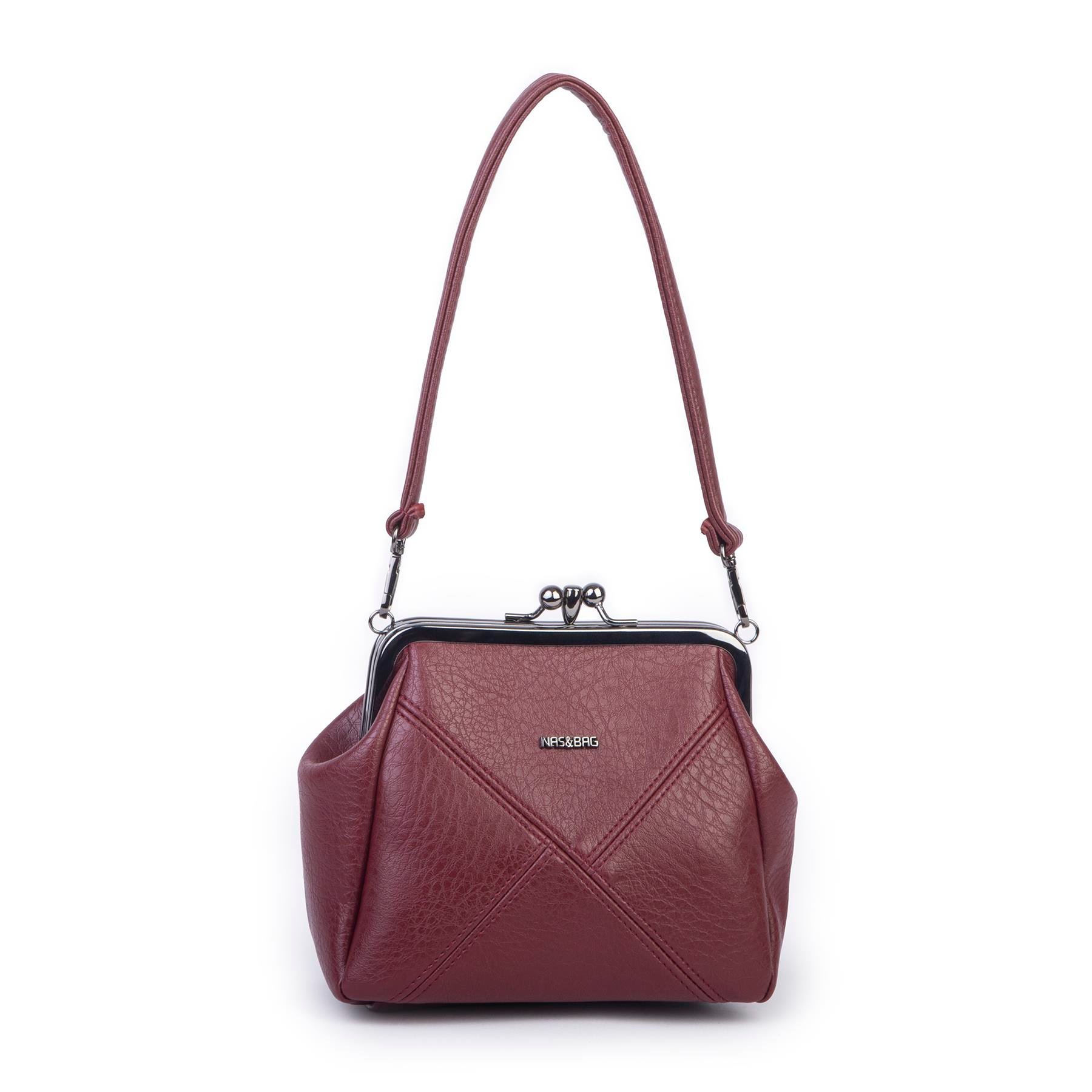 Nas Bag Mini Vintage Burslu Klipsli Kadın Omuz ve Çapraz Çanta Bordo Victoria  ( 20x17 cm)