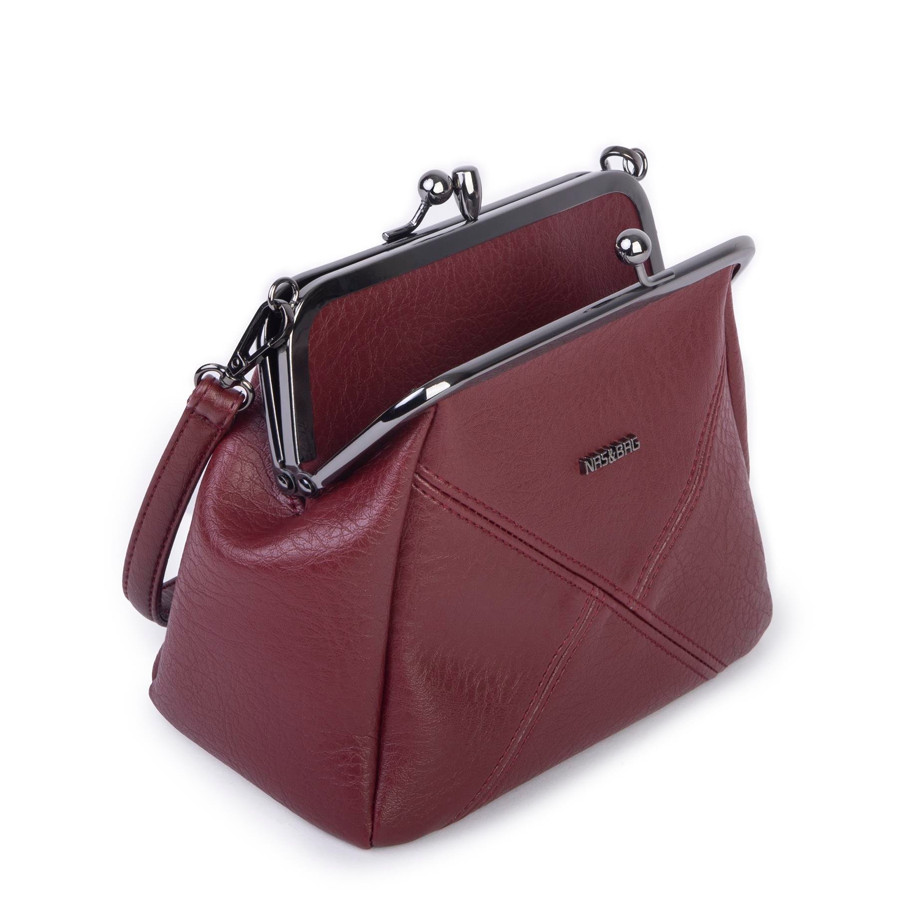 Nas Bag Mini Vintage Burslu Klipsli Kadın Omuz ve Çapraz Çanta Bordo Victoria  ( 20x17 cm)