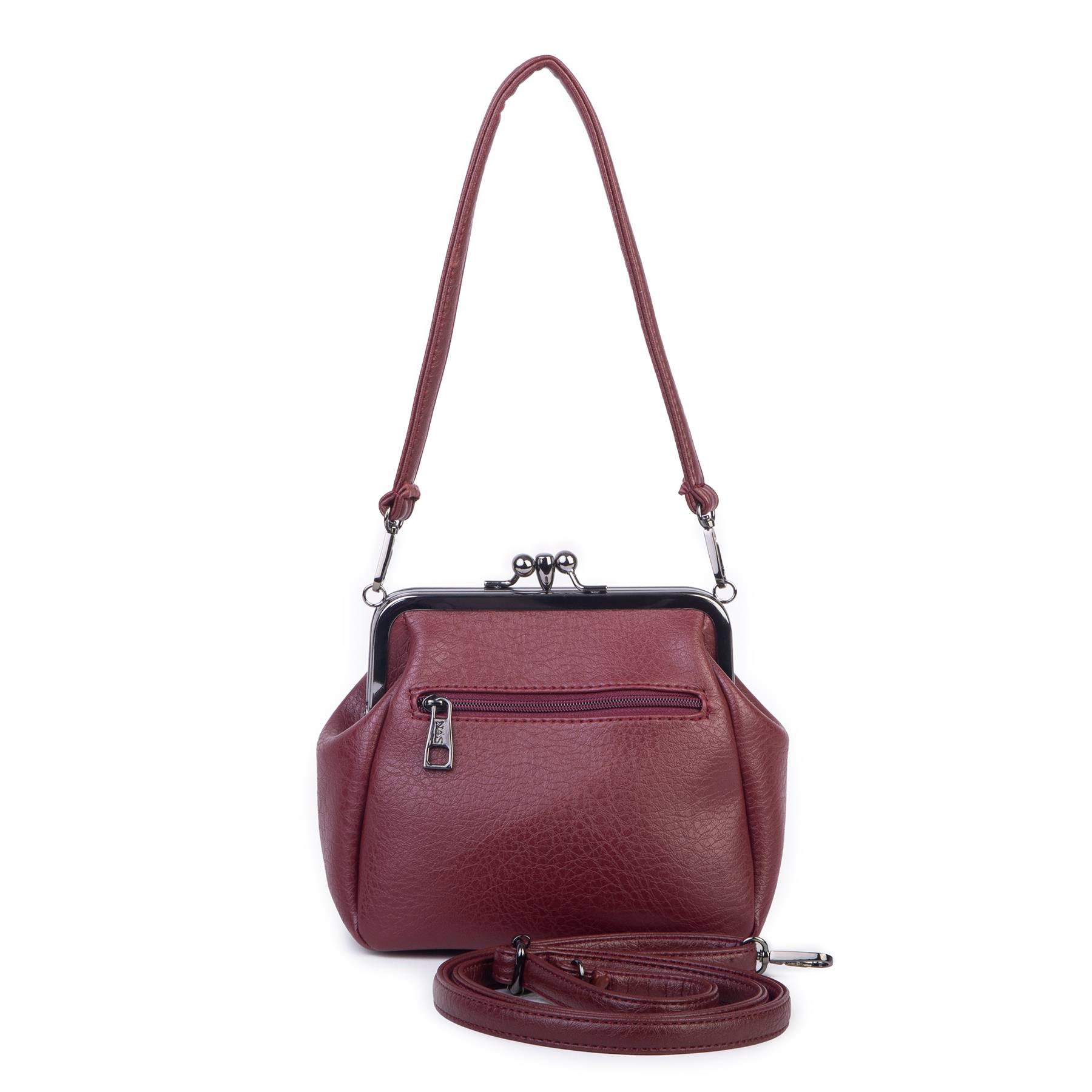 Nas Bag Mini Vintage Burslu Klipsli Kadın Omuz ve Çapraz Çanta Bordo Victoria  ( 20x17 cm)