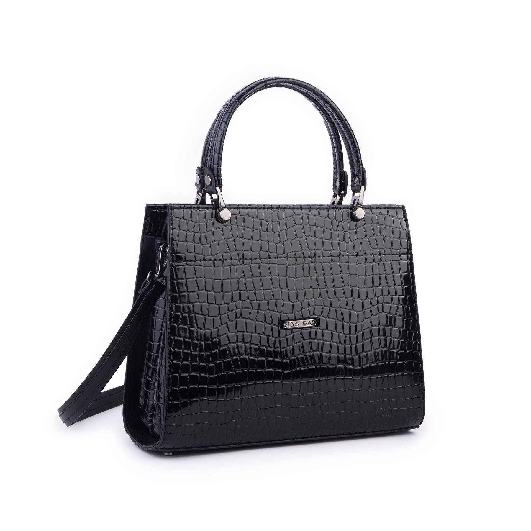 Nas Bag Orjinal Kadın El ve Omuz Çantası Klasik Şık Siyah Kroko (En :30 cm Boy:26cm)