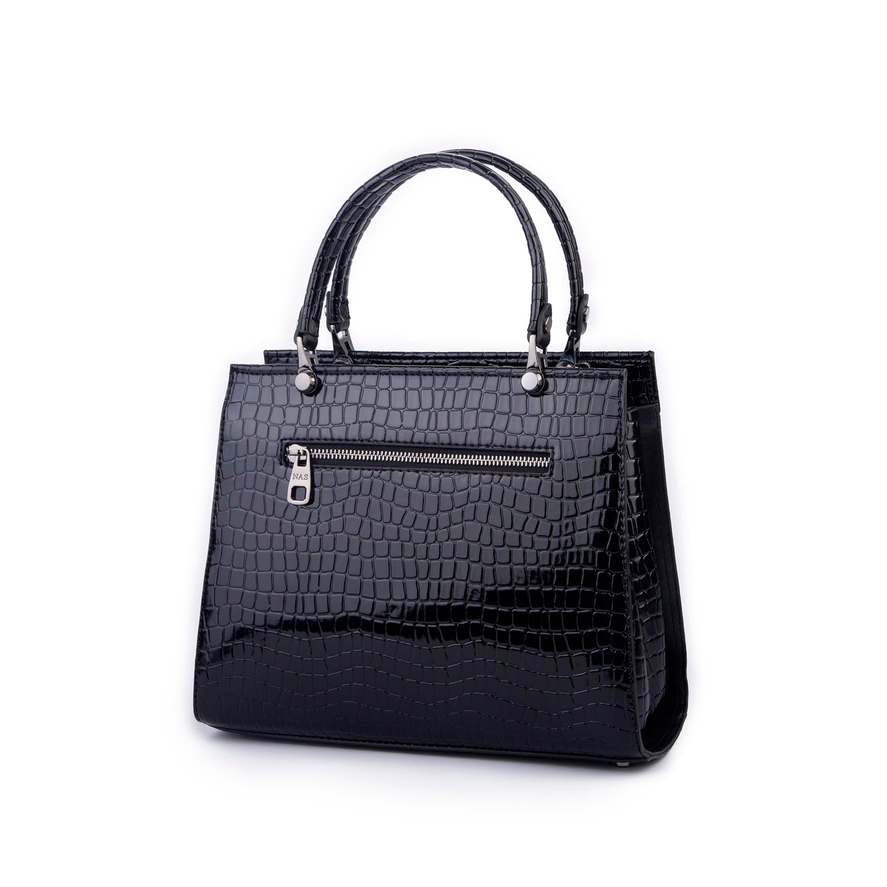 Nas Bag Orjinal Kadın El ve Omuz Çantası Klasik Şık Siyah Kroko (En :30 cm Boy:26cm)
