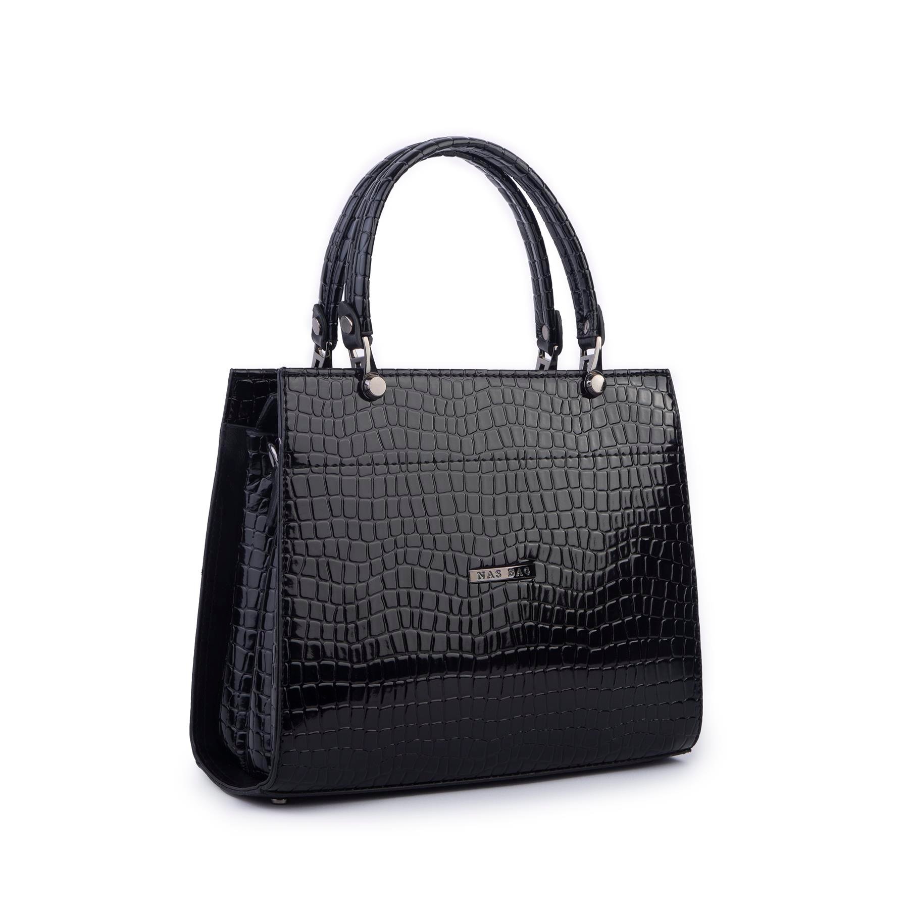Nas Bag Orjinal Kadın El ve Omuz Çantası Klasik Şık Siyah Kroko (En :30 cm Boy:26cm)