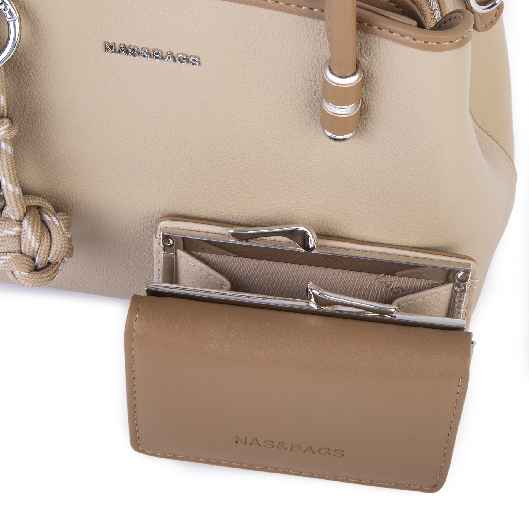 Nas Bag Premium 2li set Çanta El Omuz ve Çapraz Çanta Cüzdan Vizon