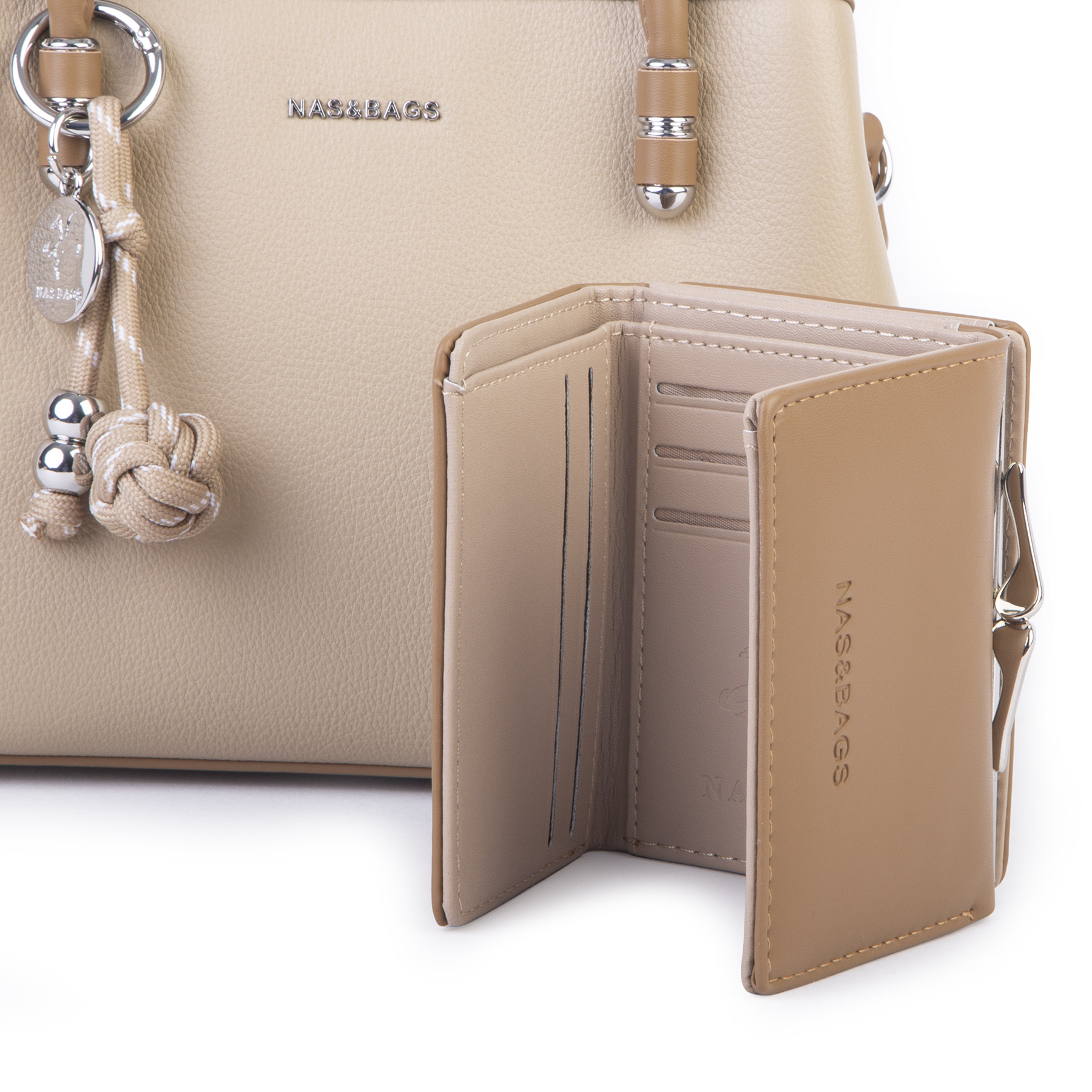 Nas Bag Premium 2li set Çanta El Omuz ve Çapraz Çanta Cüzdan Vizon