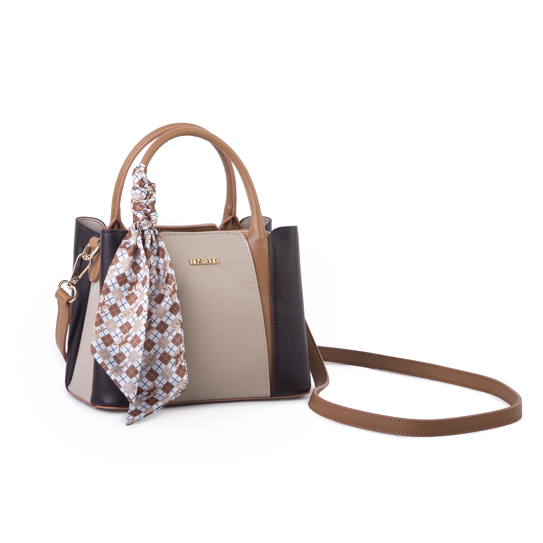 Nas Bag Şık Fularlı Mini Multi Color El ve Omuz Çantası Kahve Kum Taba Victoria