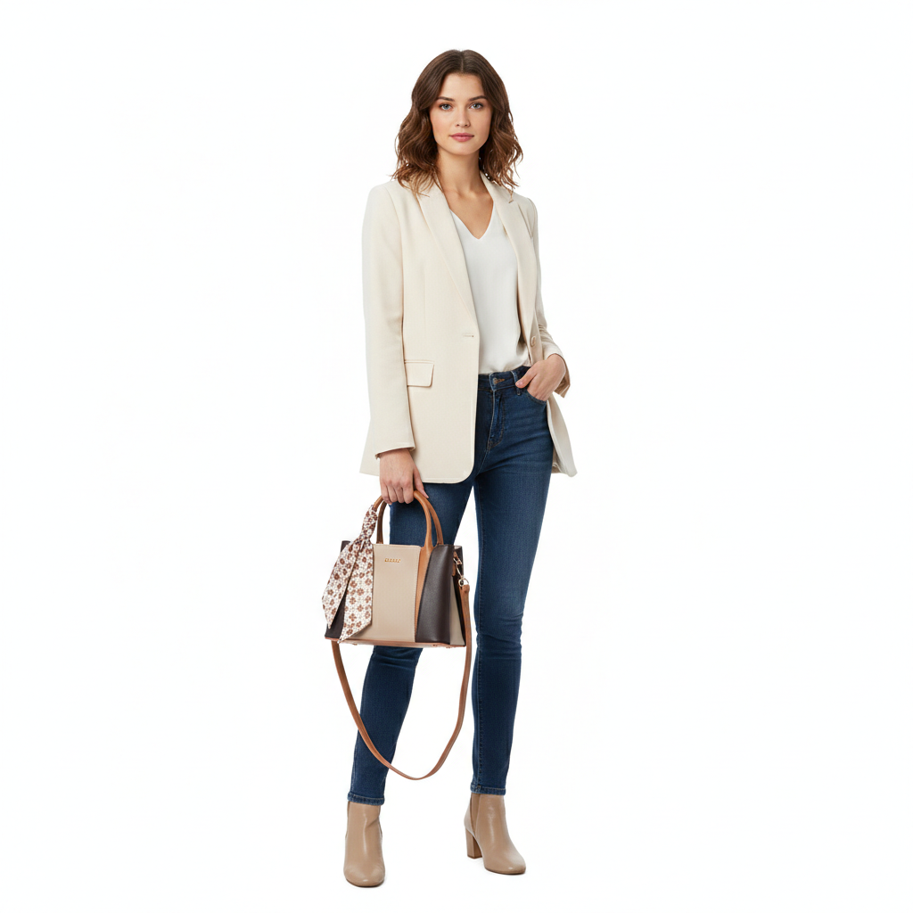 Nas Bag Şık Fularlı Mini Multi Color El ve Omuz Çantası Kahve Kum Taba Victoria