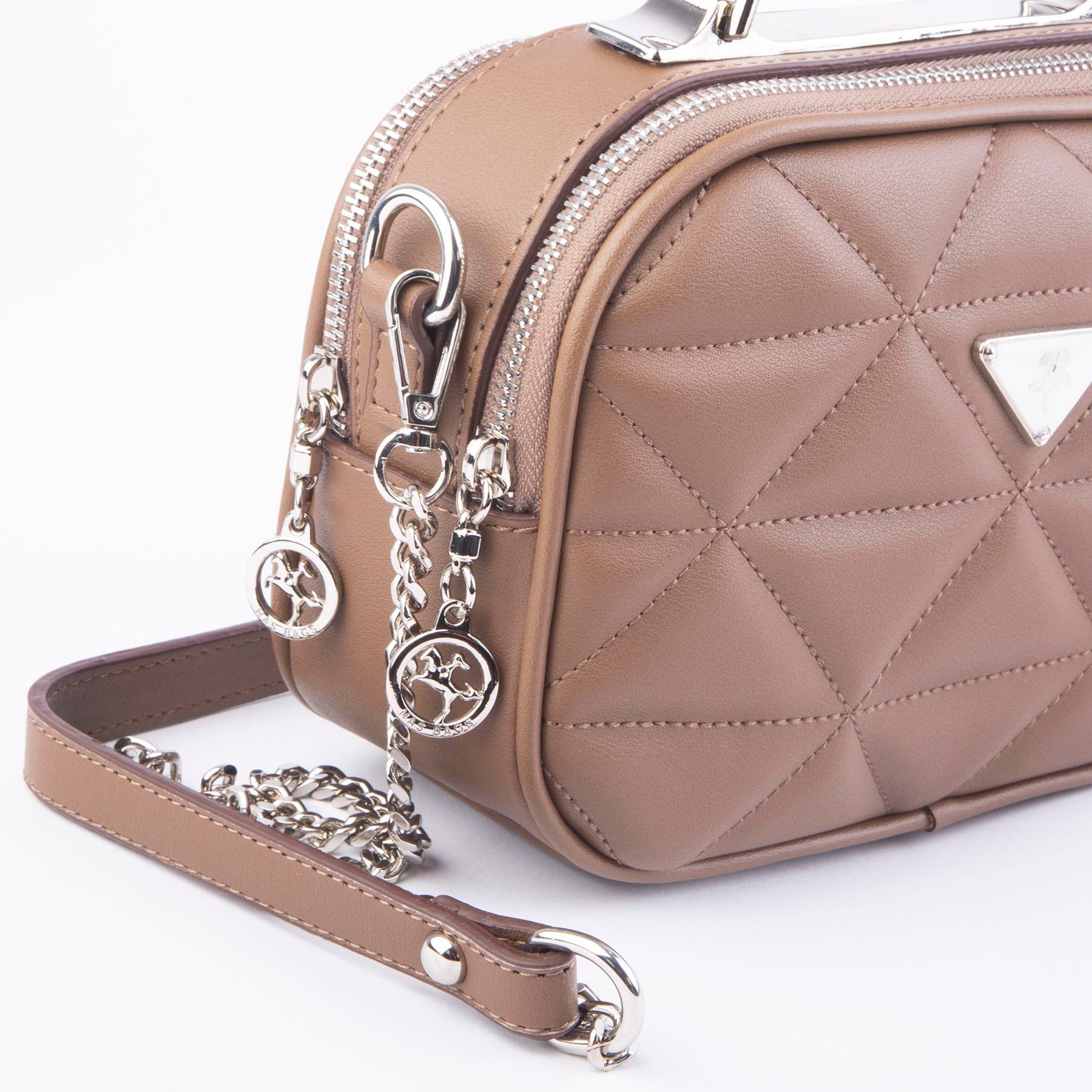 Nas Bag Zincirli Kapitone Çift Gözlü El ve Çapraz Çanta Vizon Dona ( 21x16 cm )