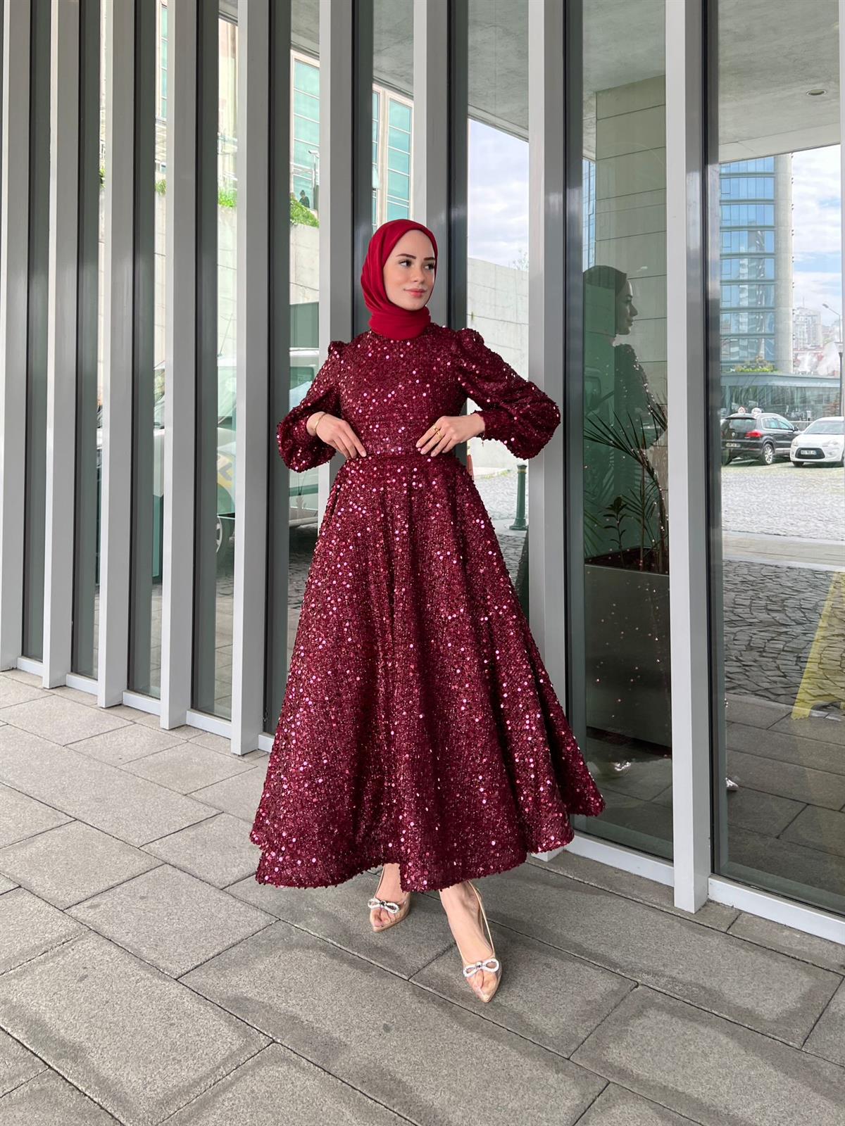 Bella – Bordo Saten Abiye Elbise