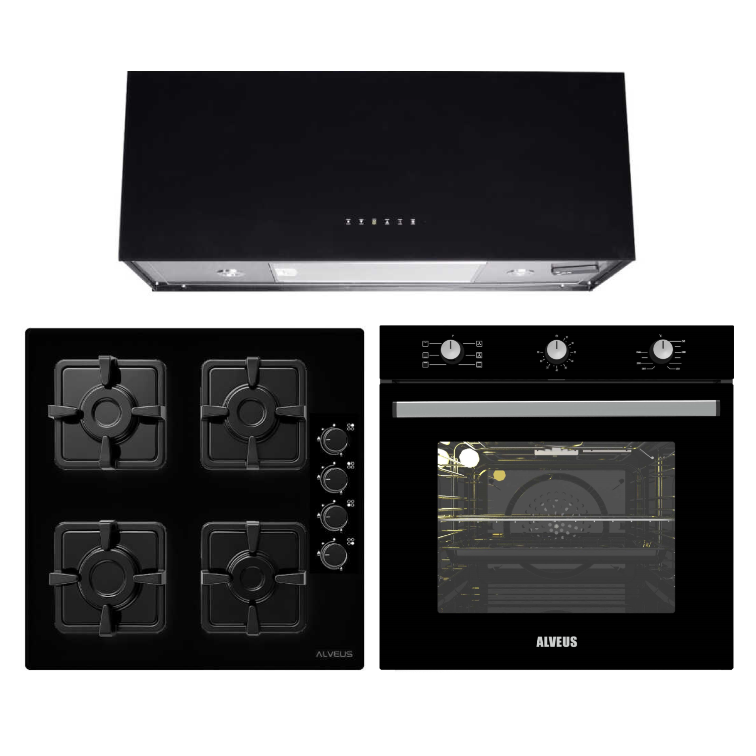 Alveus Siyah Cam Ankastre Set - 02 (KLS 670 + MFA614 + DIAMOND 60)