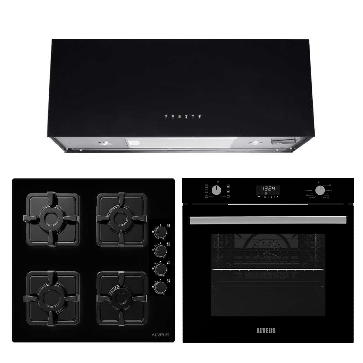 Alveus Siyah Cam Ankastre Set - 06 (KLS 670 + MFA 627 + DIAMOND 60)