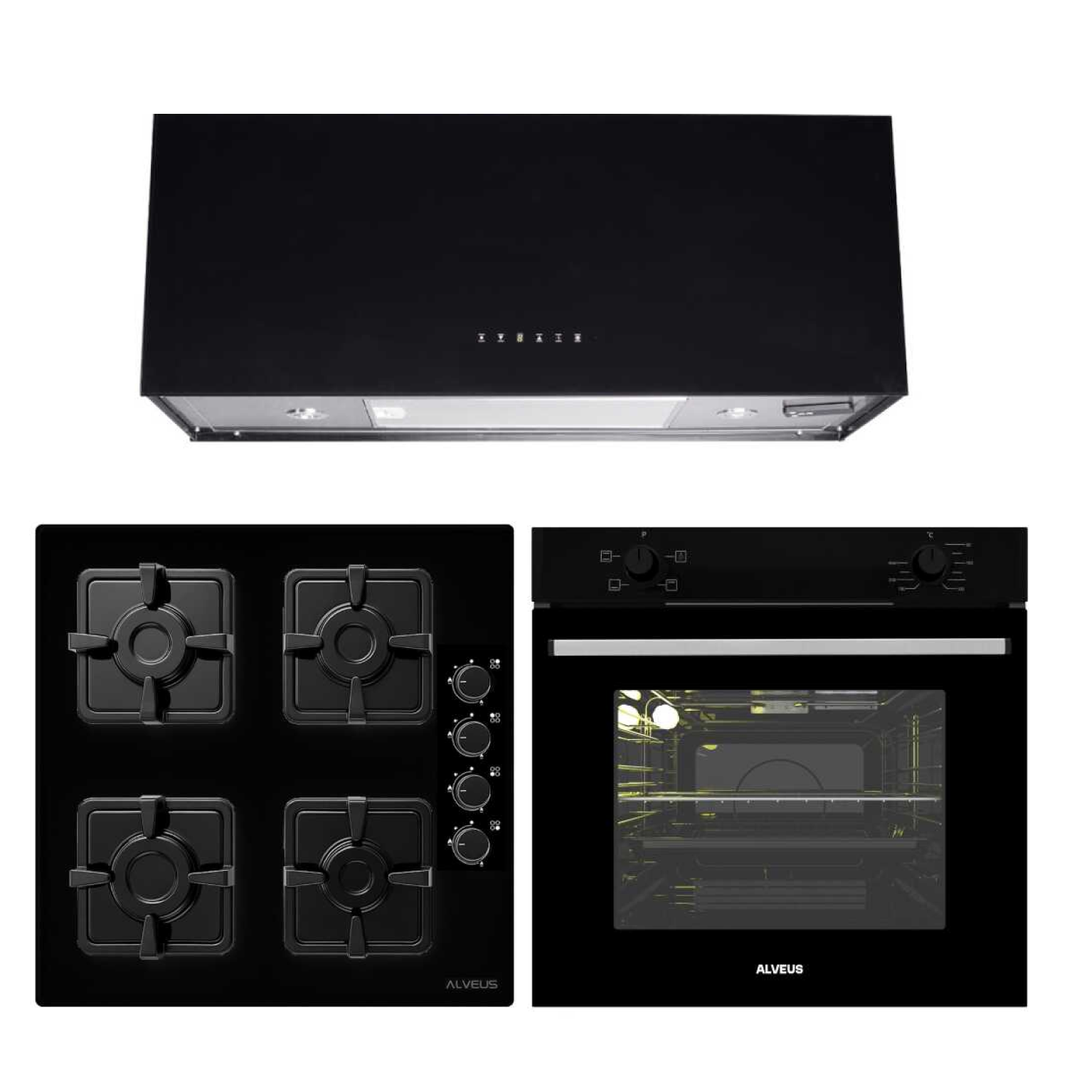 Alveus Siyah Cam Ankastre Set - 09 (KLS 670 + MFA604 + DIAMOND 60)