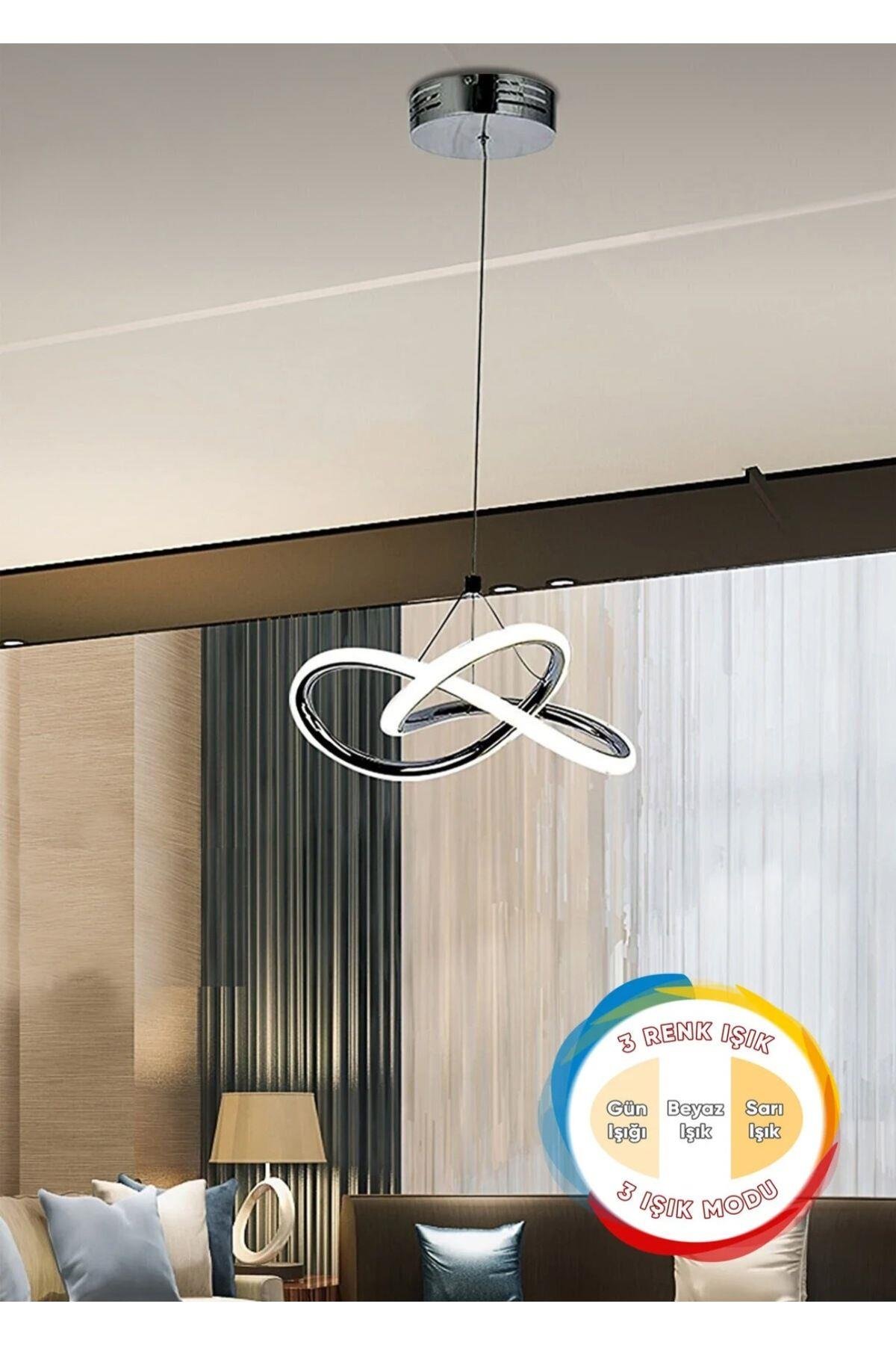3 Renk Işıklı Modern Tekli Sarkıt Power Led Avize Krom Ledli Avize