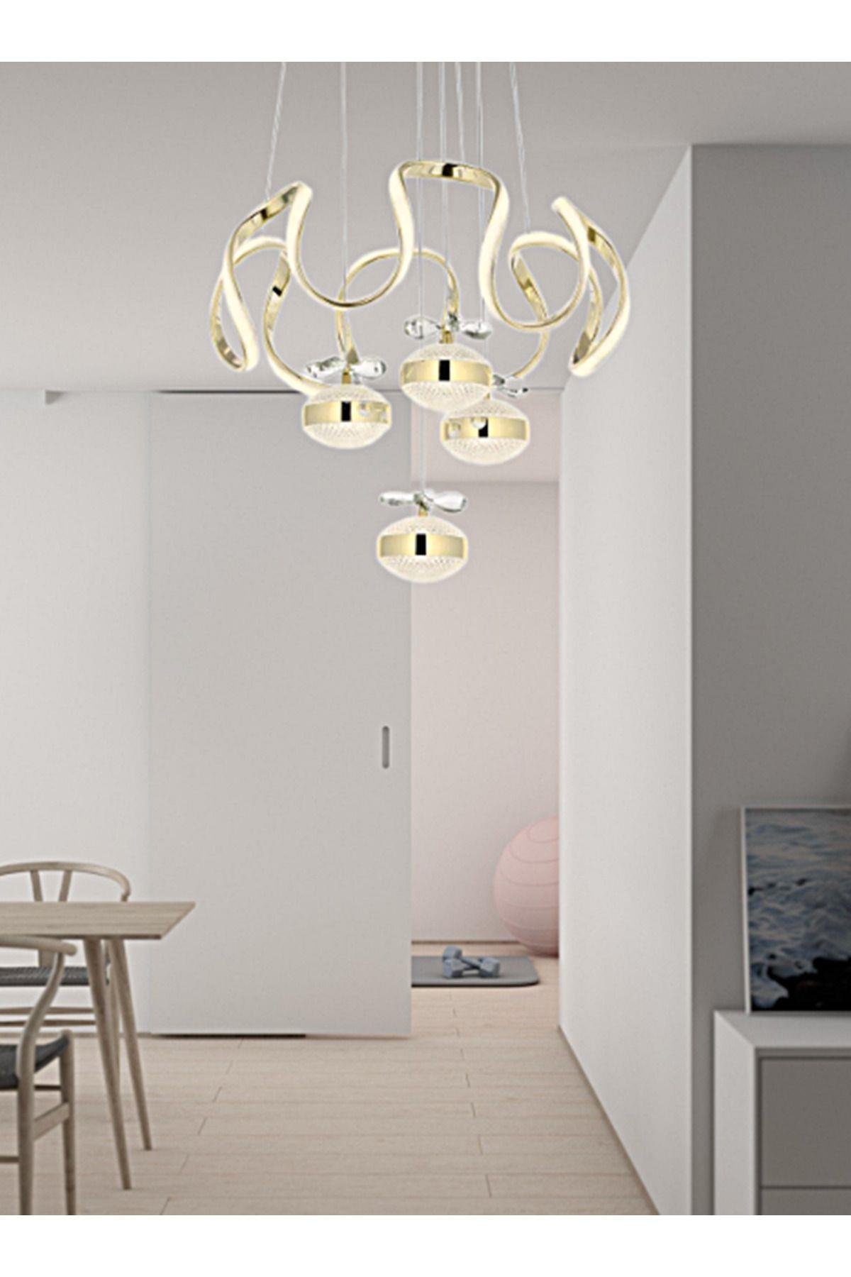 3 Renk Kademeli Ledli Avize Modern Sarkıt Kelebek Kristal Taşlı Led Avize Gold Sarı