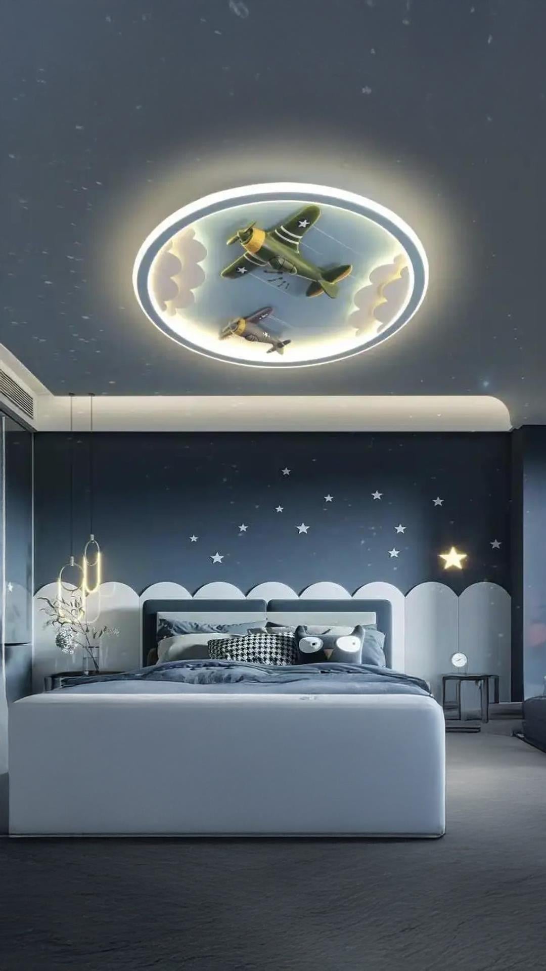 3 Renk Kumandalı Dimmer Özellikli Led Avize Uçak Sky Model Çocuk Odası Avize Mavi