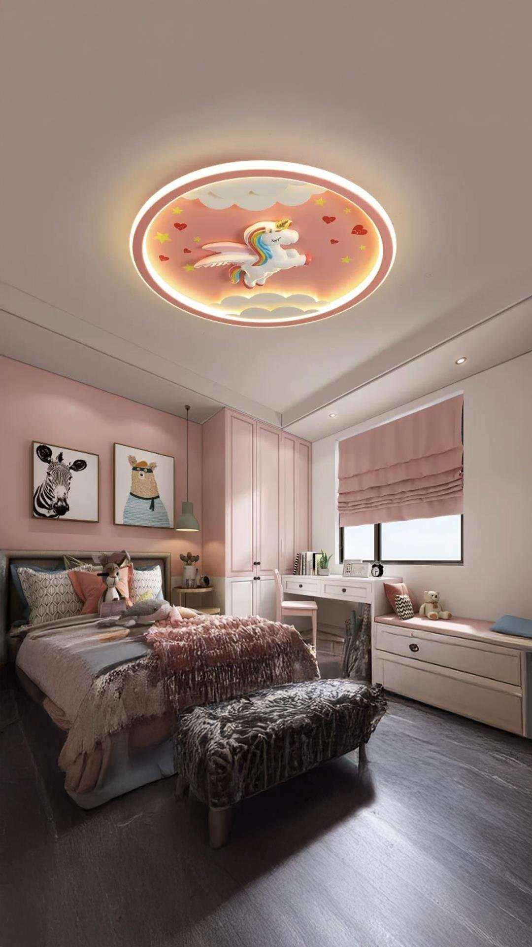 3 Renk Kumandalı Dimmer Özellikli Pegasus Led Avize Çocuk Odası Avize Pembe