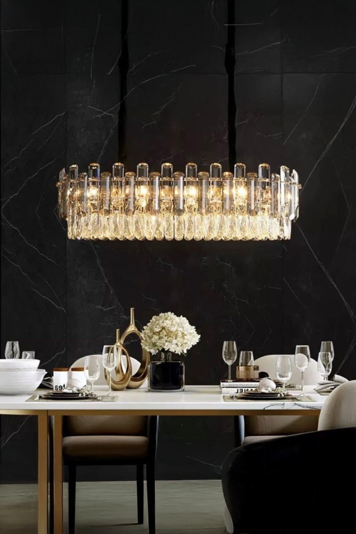 A++ Luxury Modern Kristal Taşlı Sarkıt Avize Gold Sarı Yemek Masası