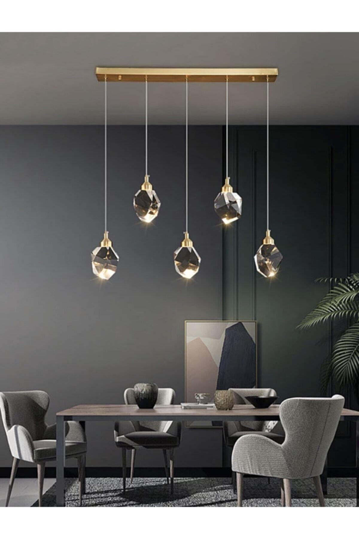 A+ Luxury Modern Kristalize Cam Sarkıt Beşli Sıralı Led Avize Gold Sarı