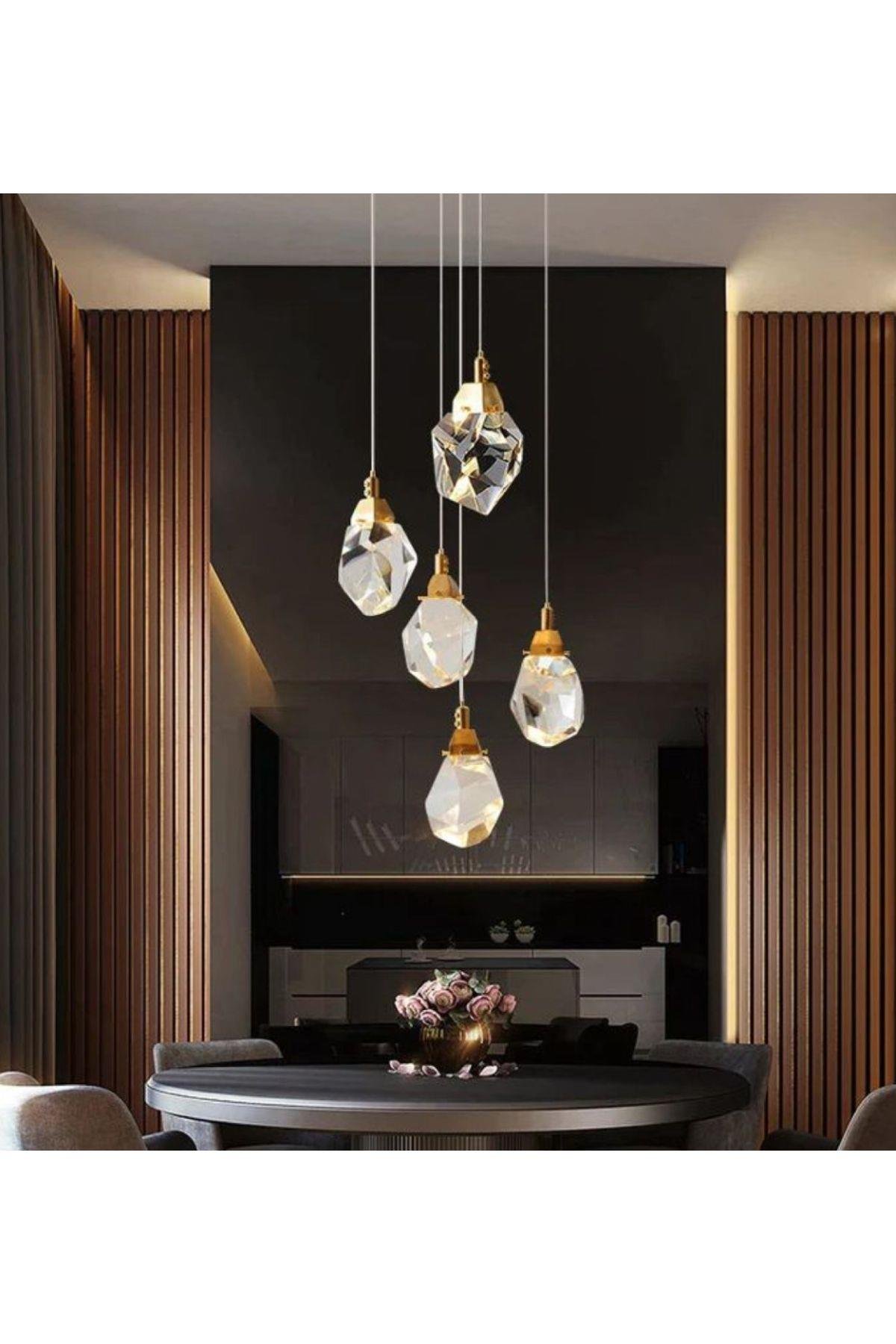 A+ Luxury Modern Kristalize Cam Sarkıt Beşli Led Avize Gold Sarı