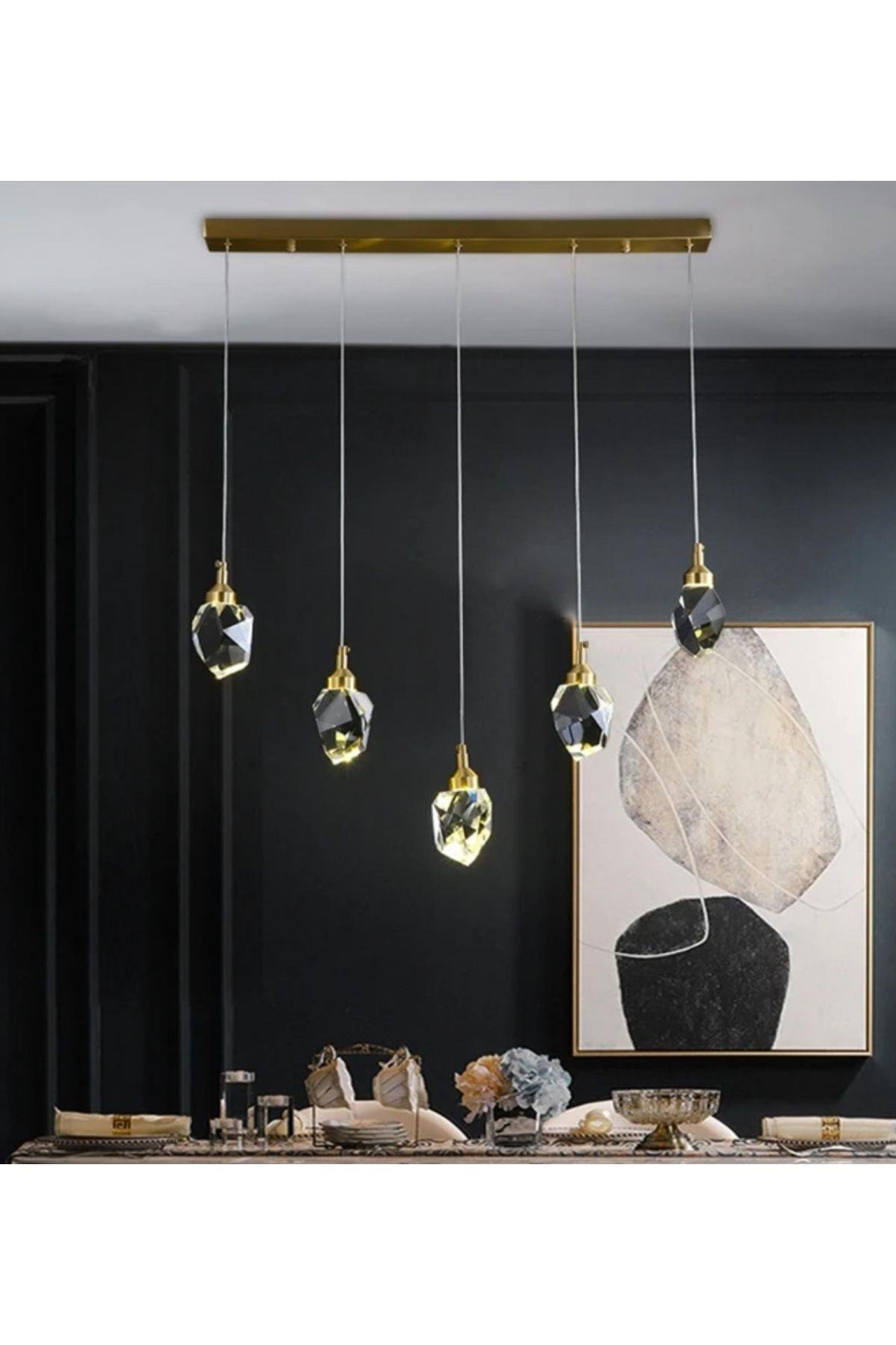 A+ Luxury Modern Kristalize Cam Sarkıt Beşli Sıralı Led Avize Gold Sarı
