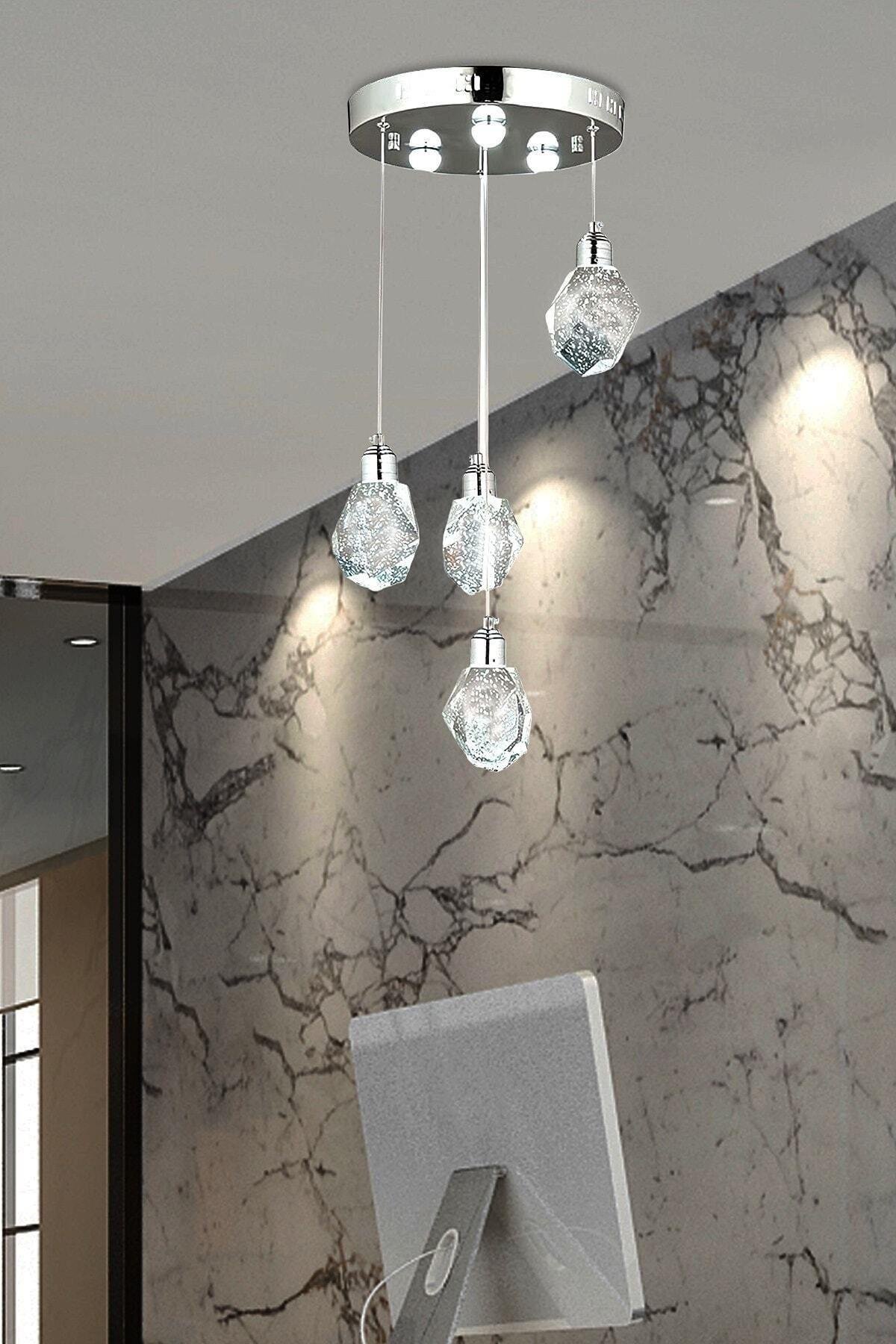 A Luxury Modern Kristalize Cam Sarkıt Dörtlü Power Led Avize Krom Beyaz Işık