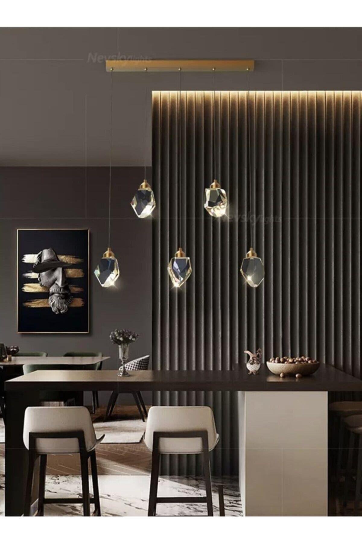 A+ Luxury Modern Kristalize Cam Sarkıt Beşli Sıralı Led Avize Gold Sarı
