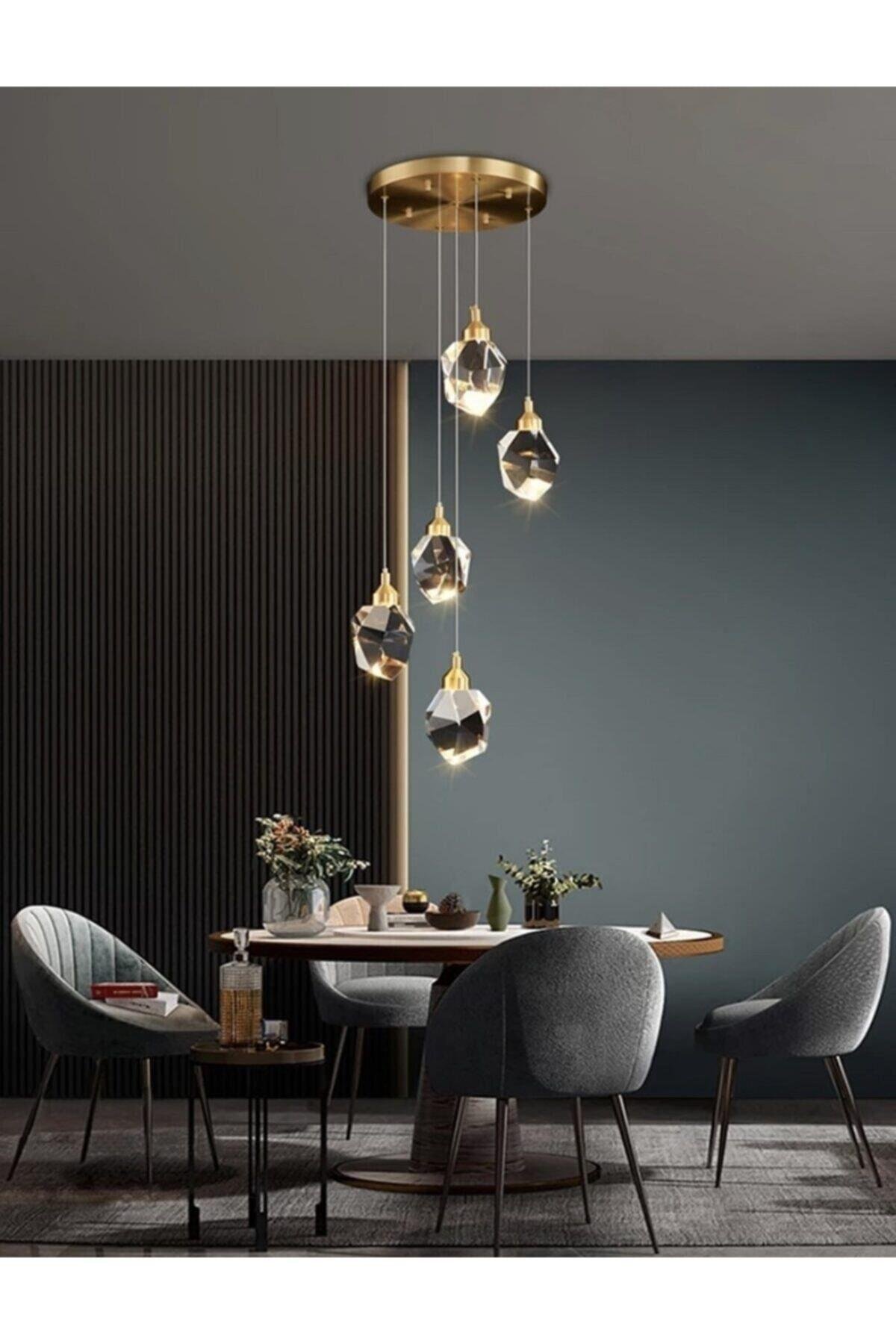 A+ Luxury Modern Kristalize Cam Sarkıt Beşli Led Avize Gold Sarı