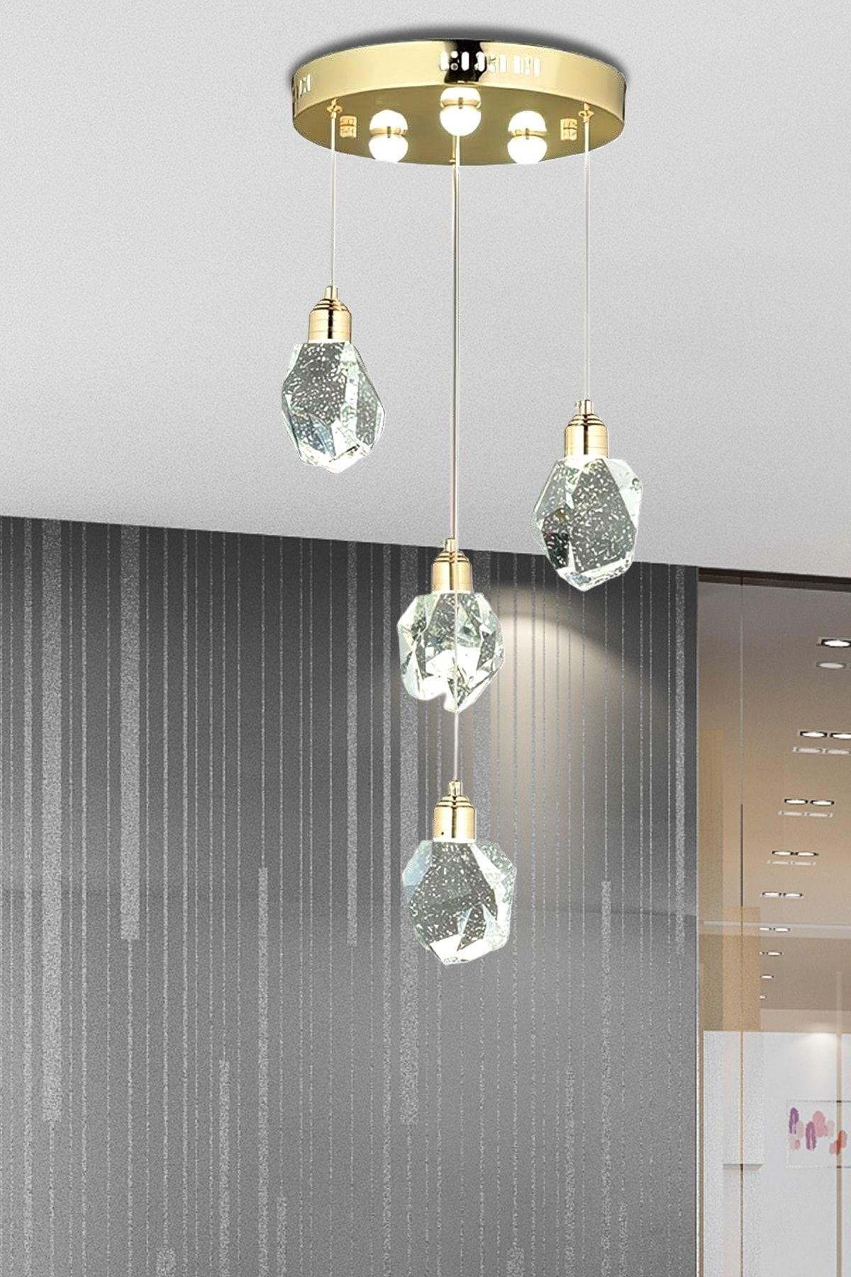 A+ Luxury Modern Kristalize Cam Sarkıt Dörtlü Power  Gold Sarı Gün Işığı Led Avize