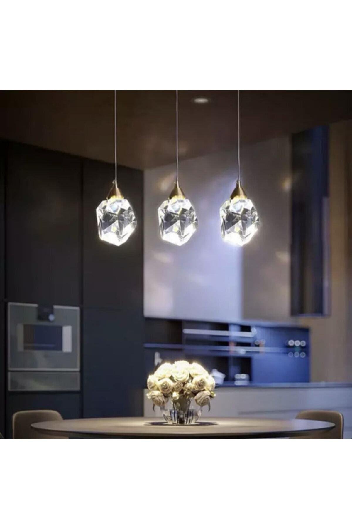 A+ Luxury Modern Kristalize Cam Sarkıt Üçlü Sıralı Led Avize Gold Sarı