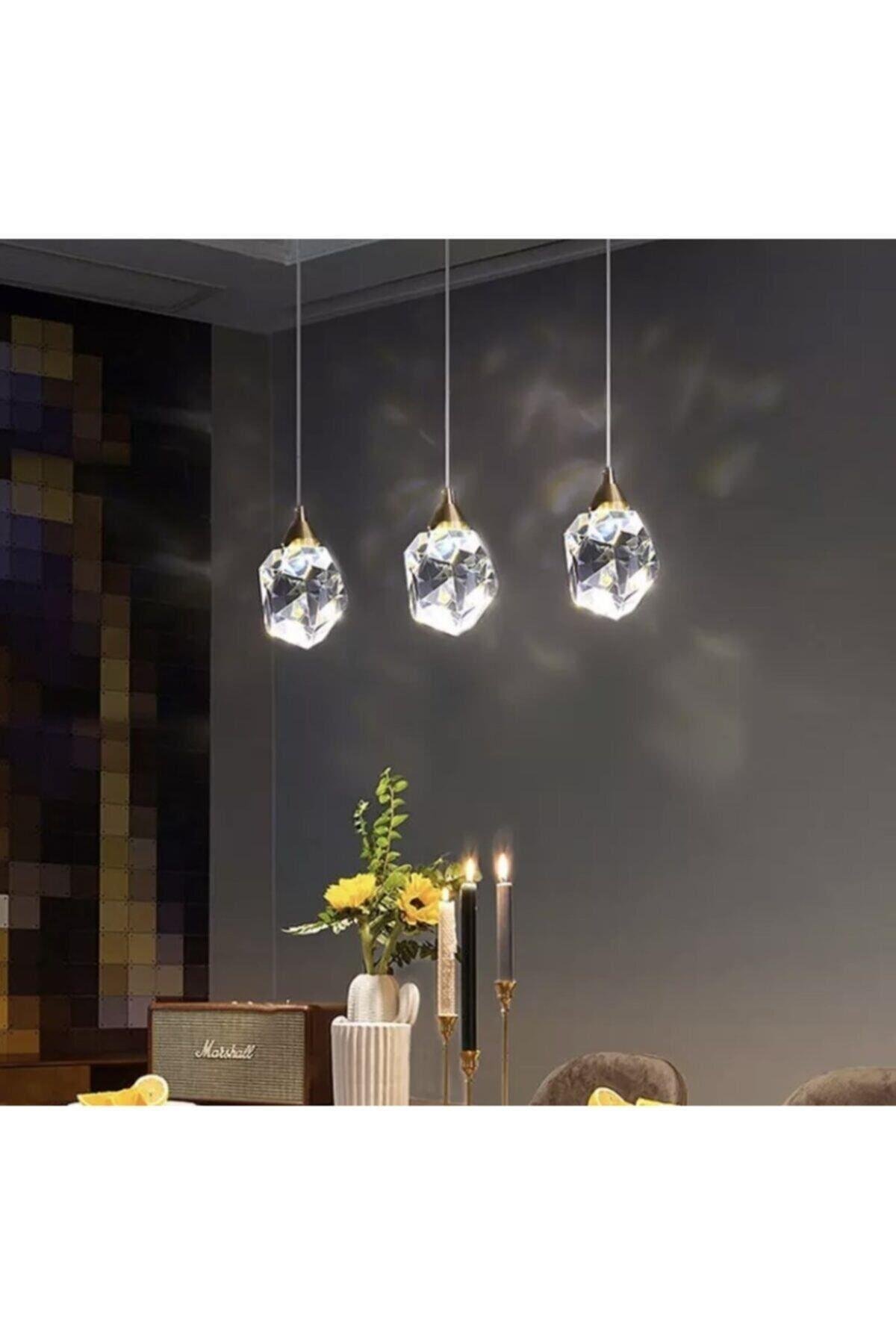 A+ Luxury Modern Kristalize Cam Sarkıt Üçlü Sıralı Led Avize Gold Sarı