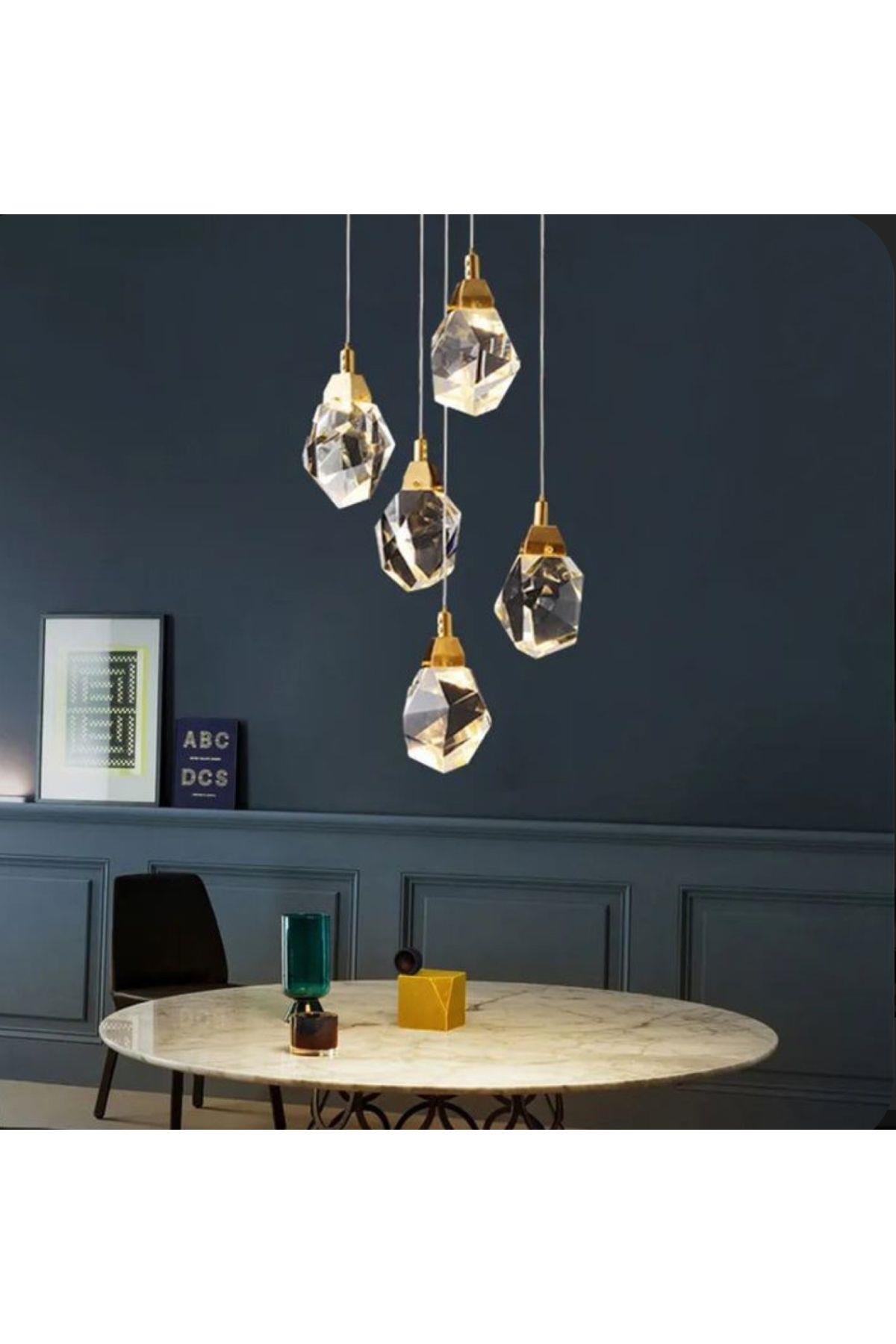 A+ Luxury Modern Kristalize Cam Sarkıt Beşli Led Avize Gold Sarı