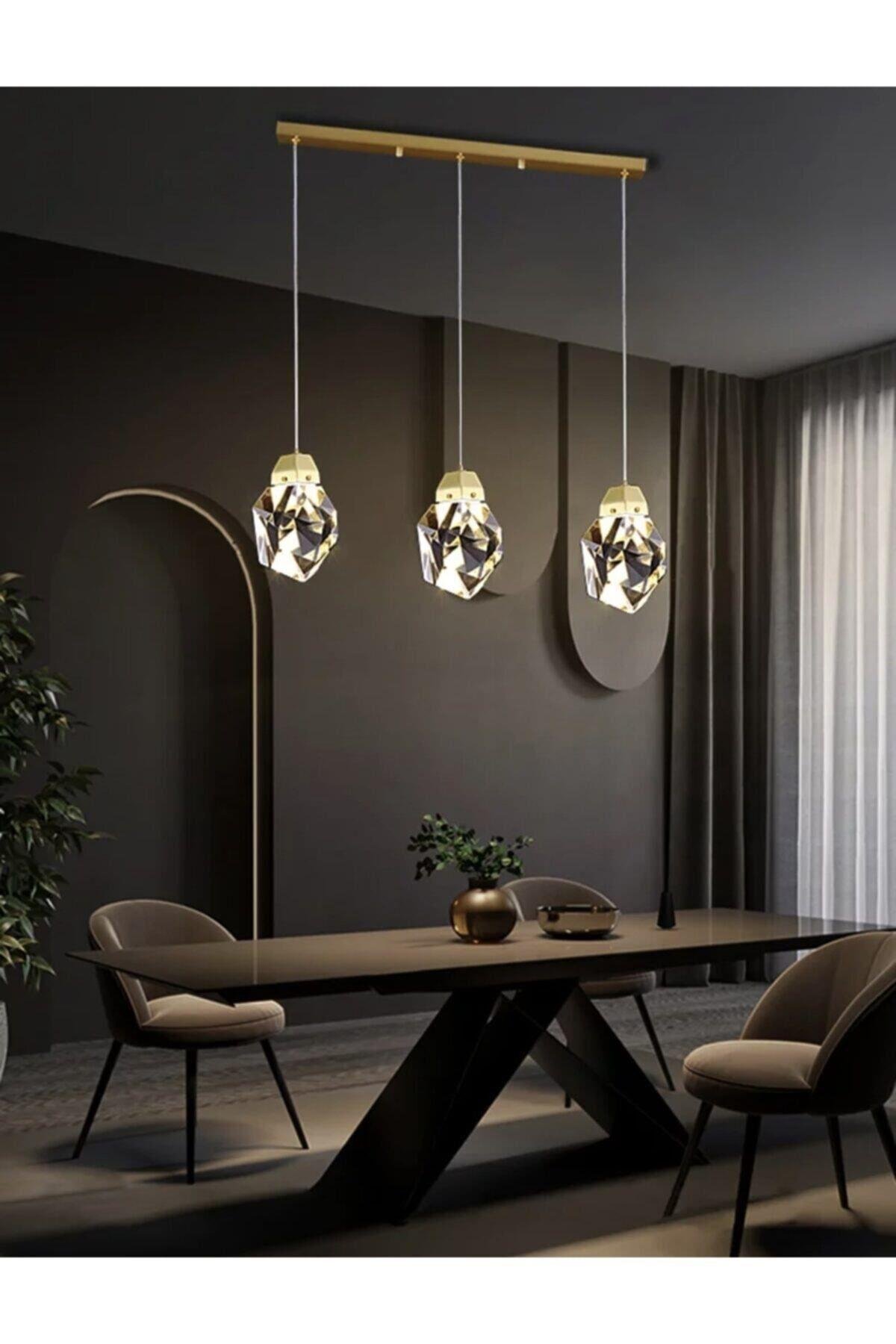 A+ Luxury Modern Kristalize Cam Sarkıt Üçlü Sıralı Led Avize Gold Sarı