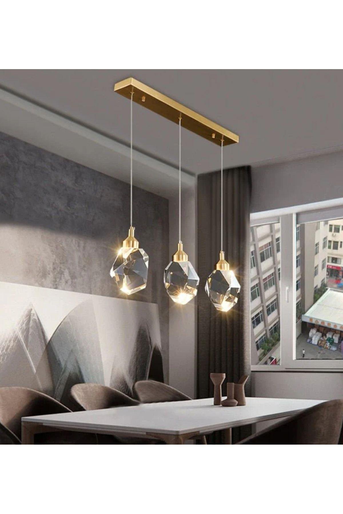 A+ Luxury Modern Kristalize Cam Sarkıt Üçlü Sıralı Led Avize Gold Sarı