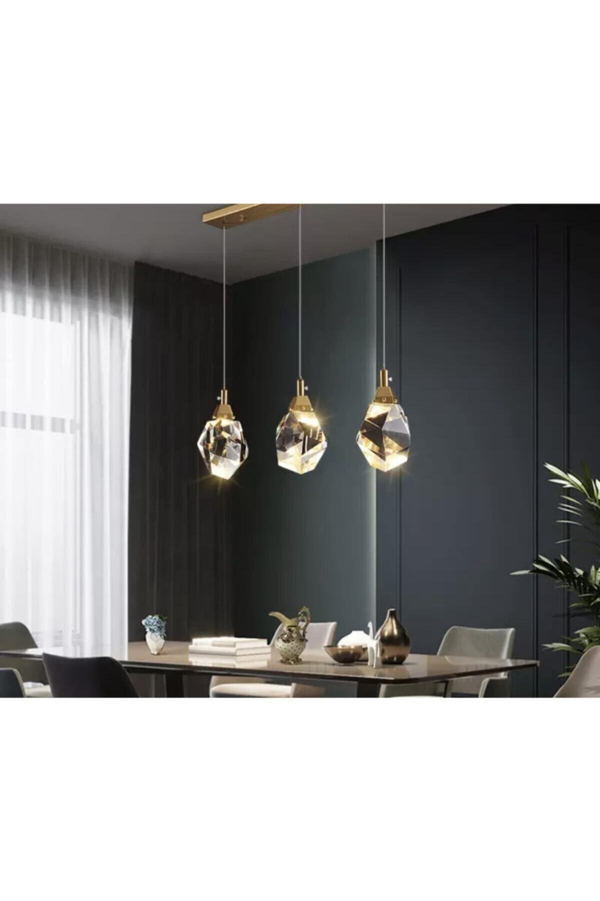 A+ Luxury Modern Kristalize Cam Sarkıt Üçlü Sıralı Led Avize Gold Sarı