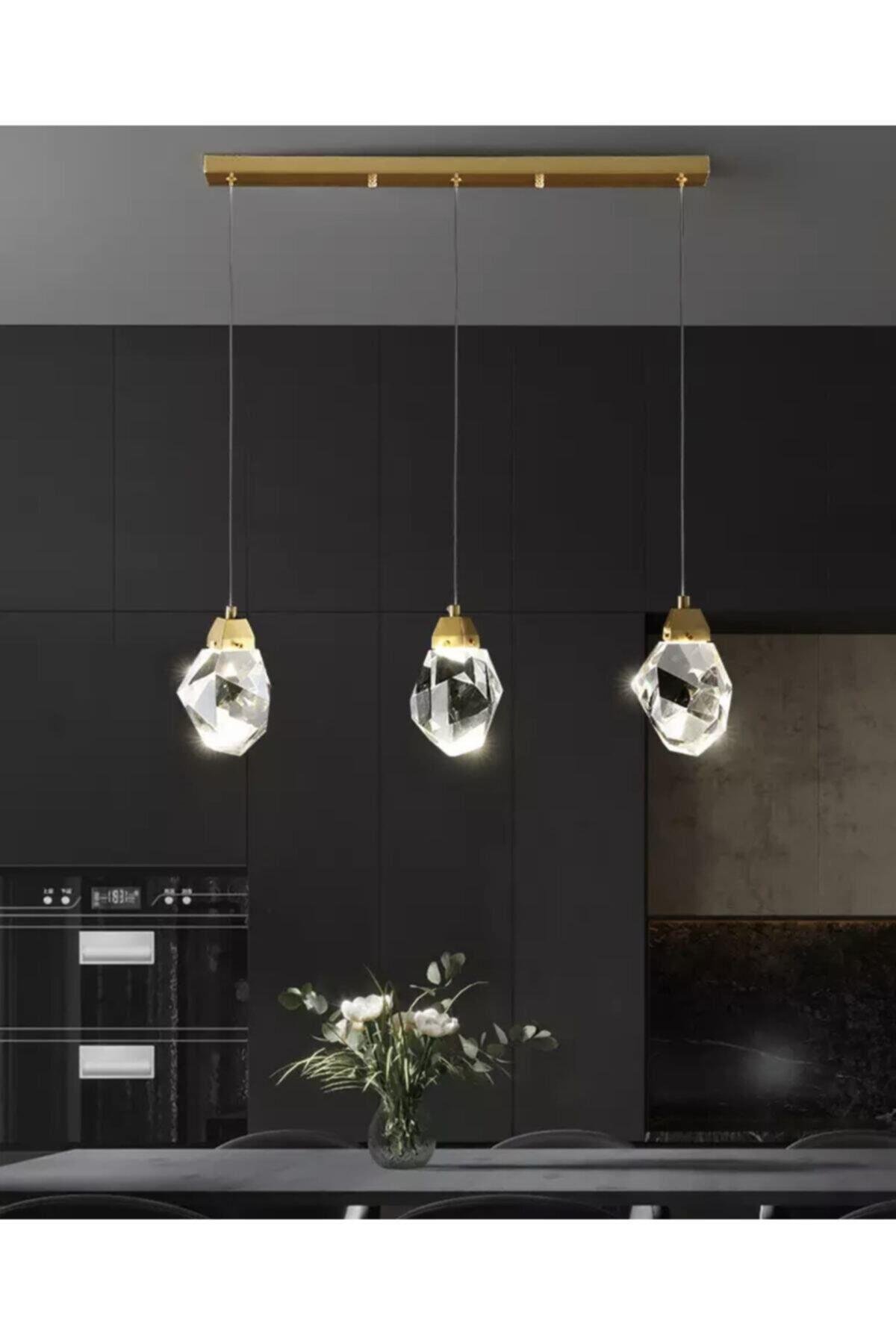 A+ Luxury Modern Kristalize Cam Sarkıt Üçlü Sıralı Led Avize Gold Sarı