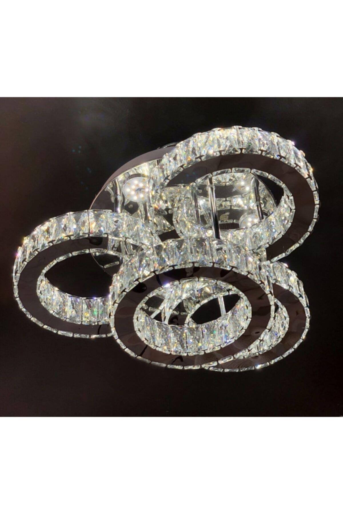 A Luxury Modern Plafonyer Dörtlü Kristal Taşlı Power Led Avize Kumandalı 3 Renk Krom Ledli Avize