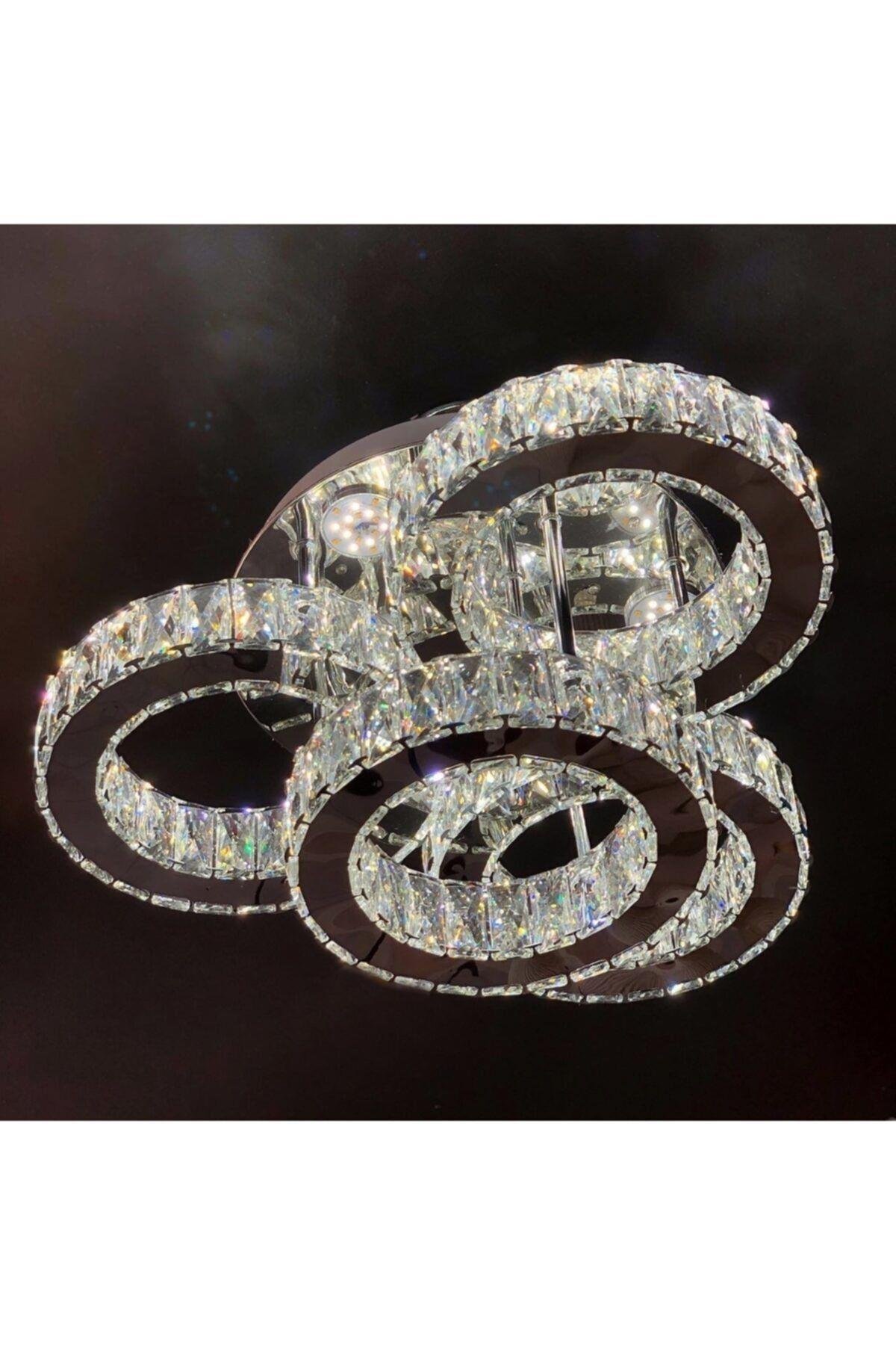 A Luxury Modern Plafonyer Dörtlü Kristal Taşlı Power Led Avize Kumandalı 3 Renk Krom Ledli Avize
