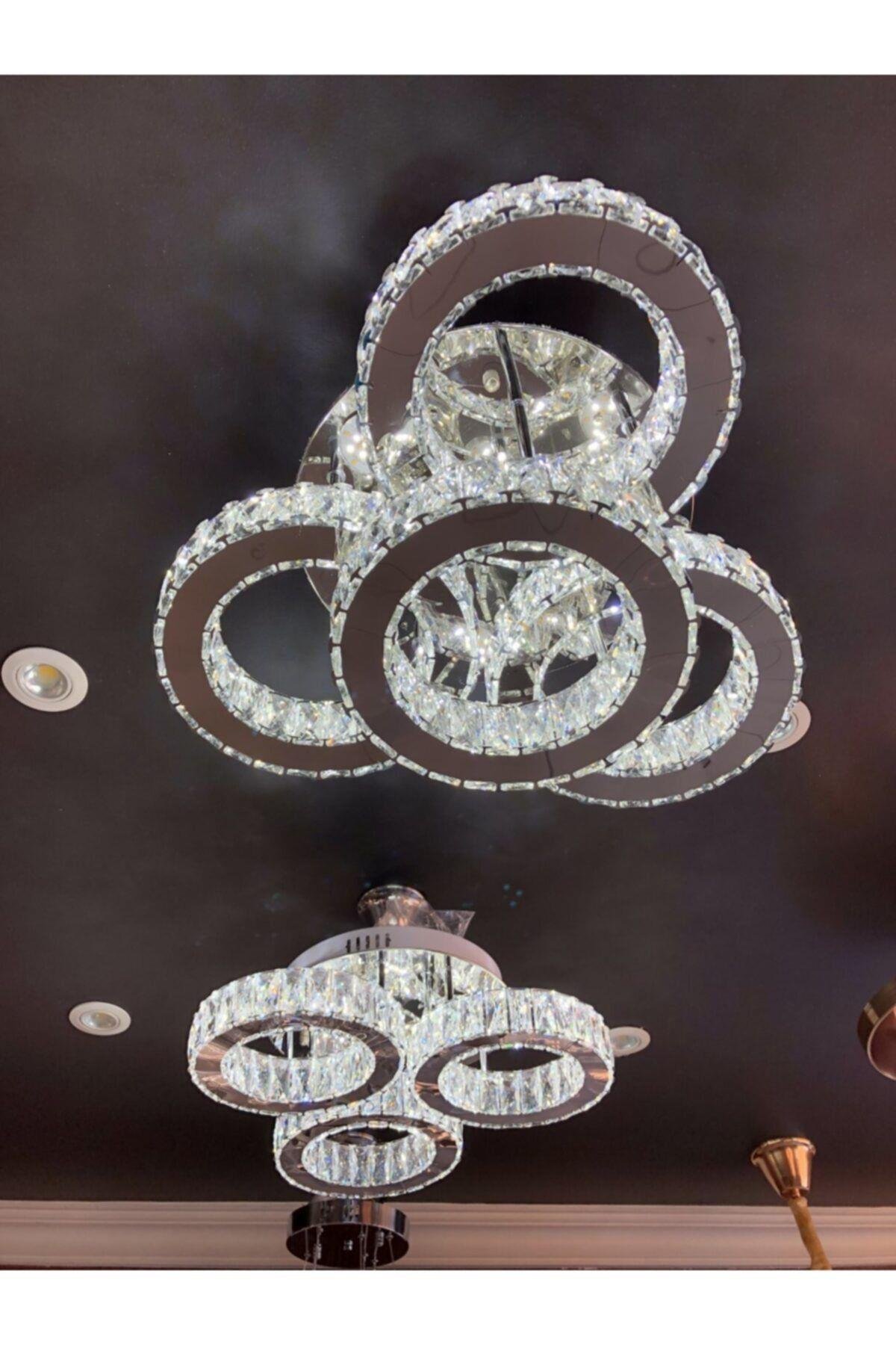 A Luxury Modern Plafonyer Dörtlü Kristal Taşlı Power Led Avize Kumandalı 3 Renk Krom Ledli Avize