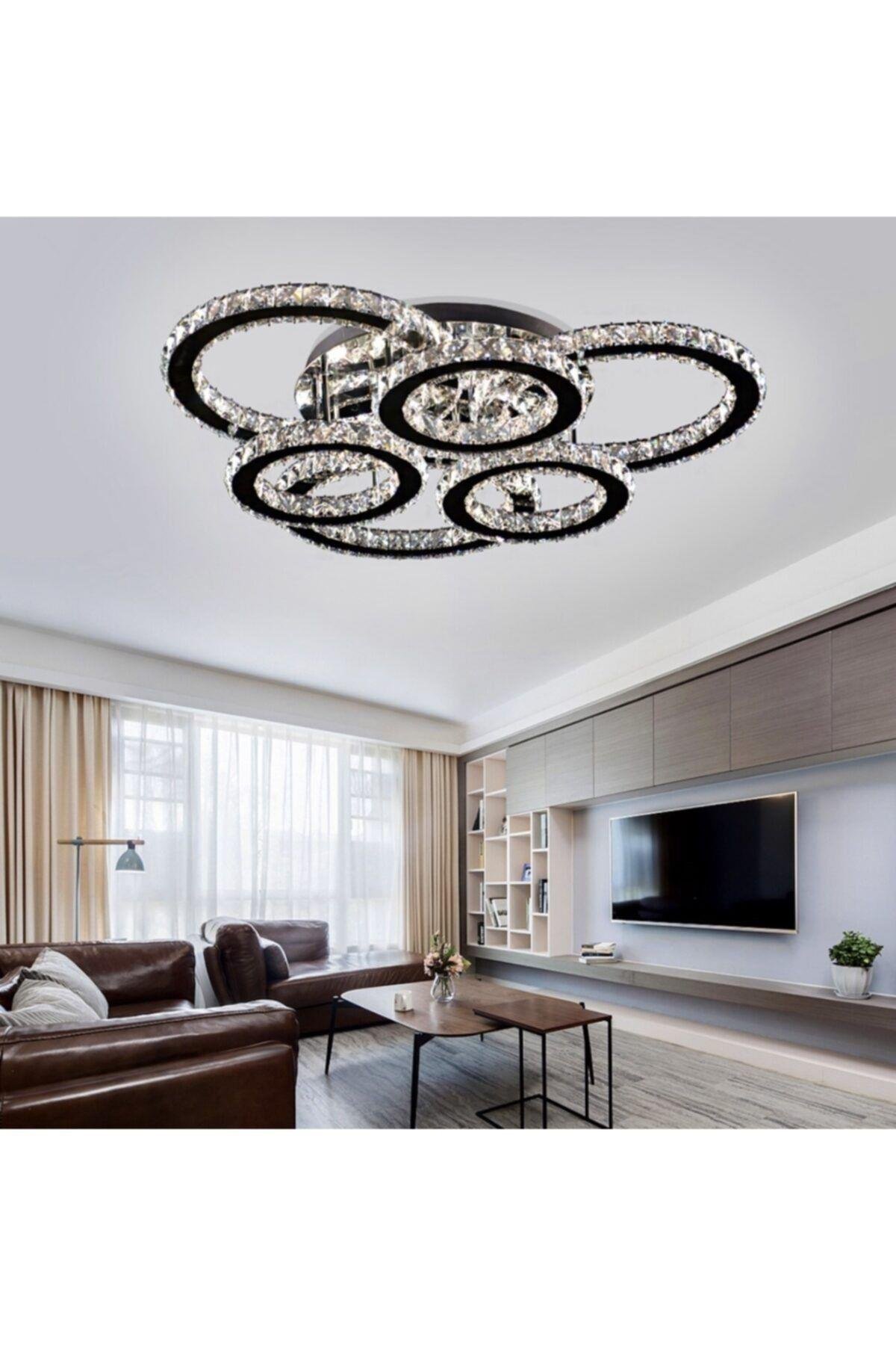 A+ Luxury Modern Plafonyer Kristal Taşlı Power Led Avize 3+3 Model Krom 50'lik Kademeli 3 Renk