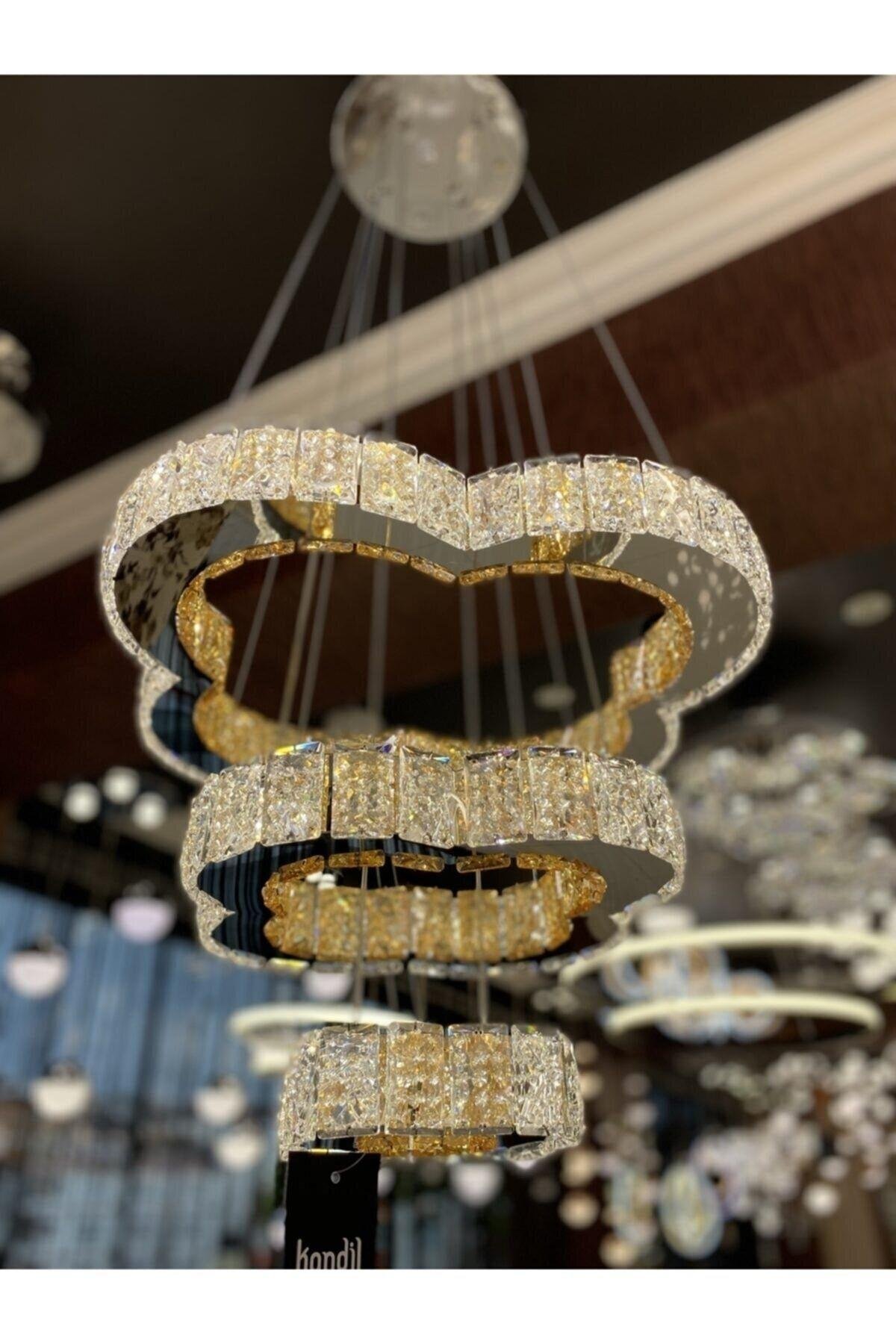 A+ Luxury Modern Sarkıt Üçlü Kristal Taşlı Power Led Avize Kumandalı Krom