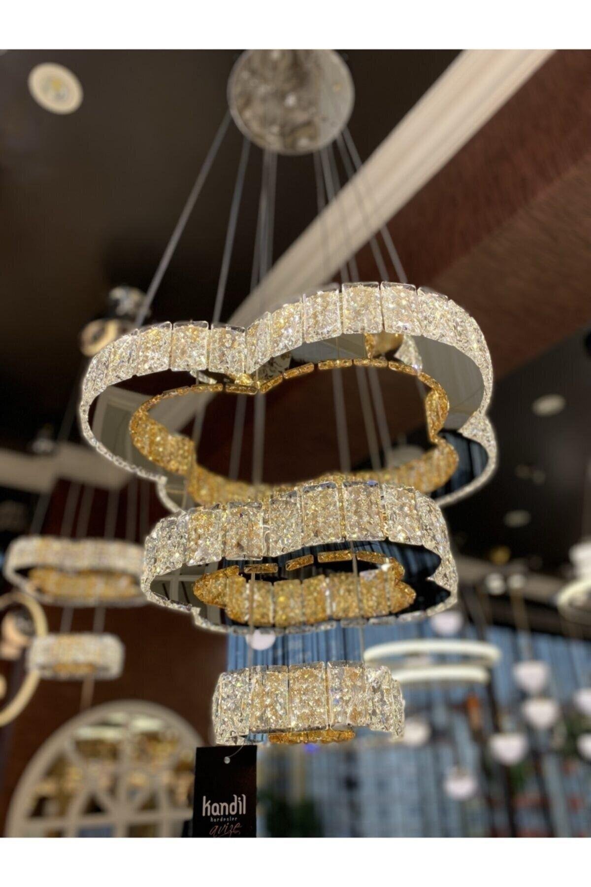A+ Luxury Modern Sarkıt Üçlü Kristal Taşlı Power Led Avize Kumandalı Krom