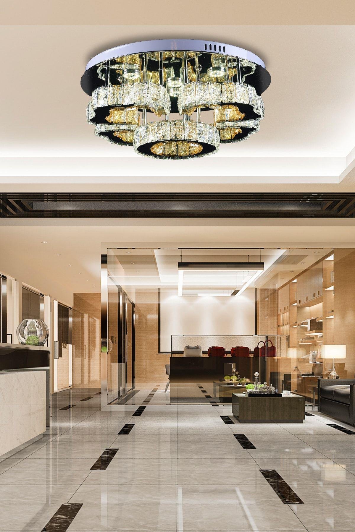 A+ Modern Plafonyer Kristal Taşlı Power Led Avize Kademeli 3 Renk Krom 50'lik Model
