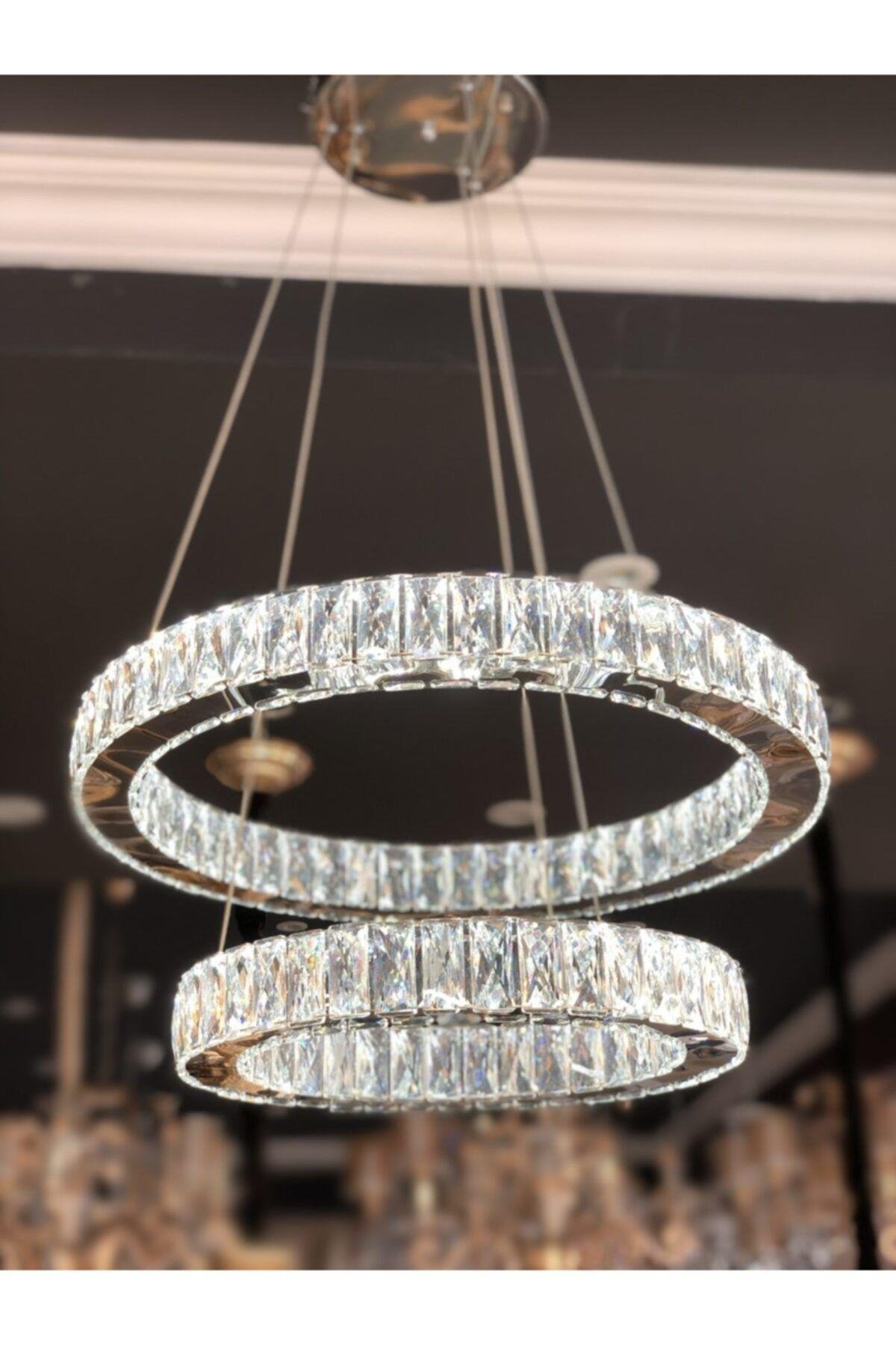 A+ Modern Sarkıt Ikili Kristal Taşlı Power Led Avize Kademeli 3 Renk Kumandalı Krom