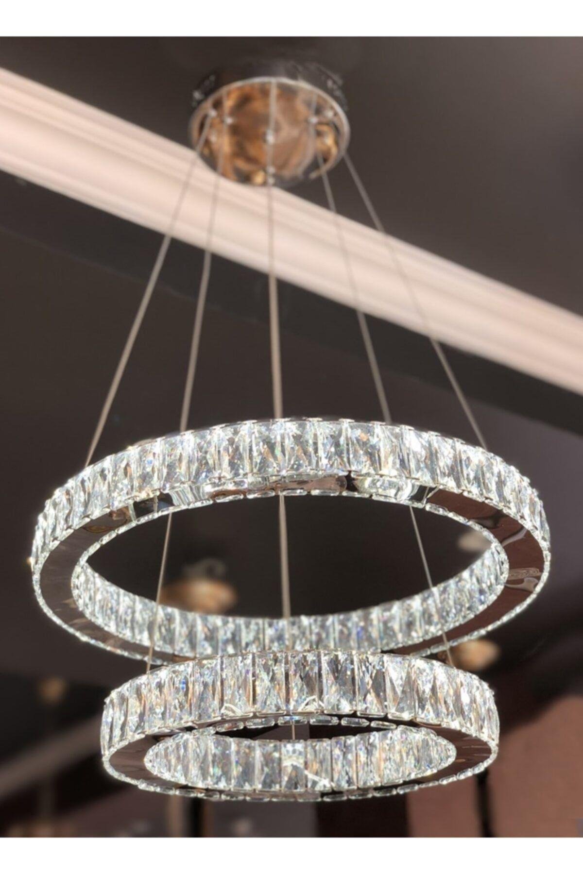 A+ Modern Sarkıt Ikili Kristal Taşlı Power Led Avize Kademeli 3 Renk Kumandalı Krom