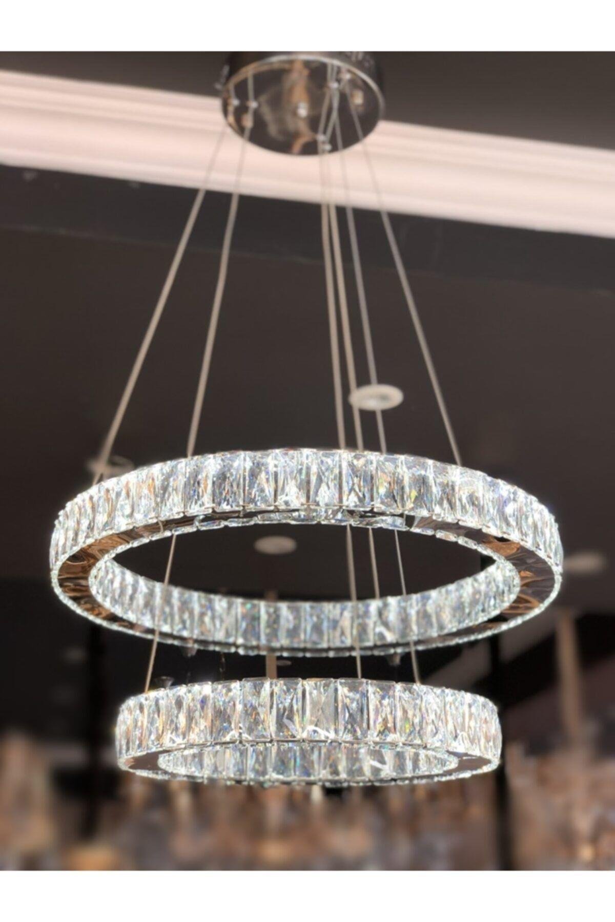 A+ Modern Sarkıt Ikili Kristal Taşlı Power Led Avize Kademeli 3 Renk Kumandalı Krom