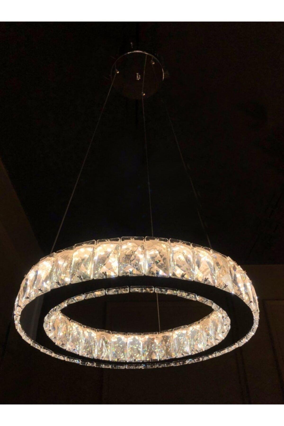 A Modern Sarkıt Kristal Taşlı Power Led Avize Kademeli 3 Renk Ledli Avize