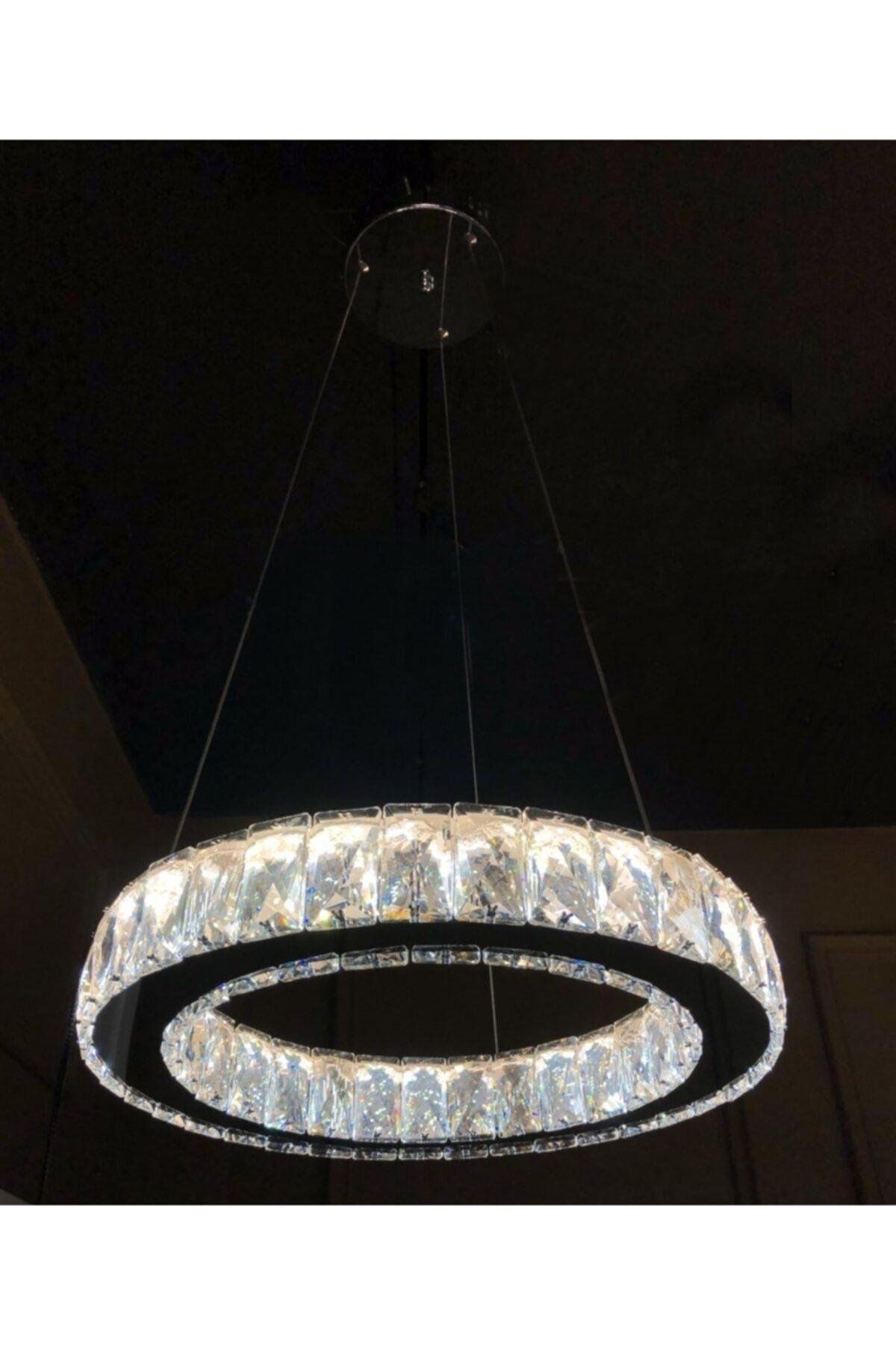 A Modern Sarkıt Kristal Taşlı Power Led Avize Kademeli 3 Renk Ledli Avize