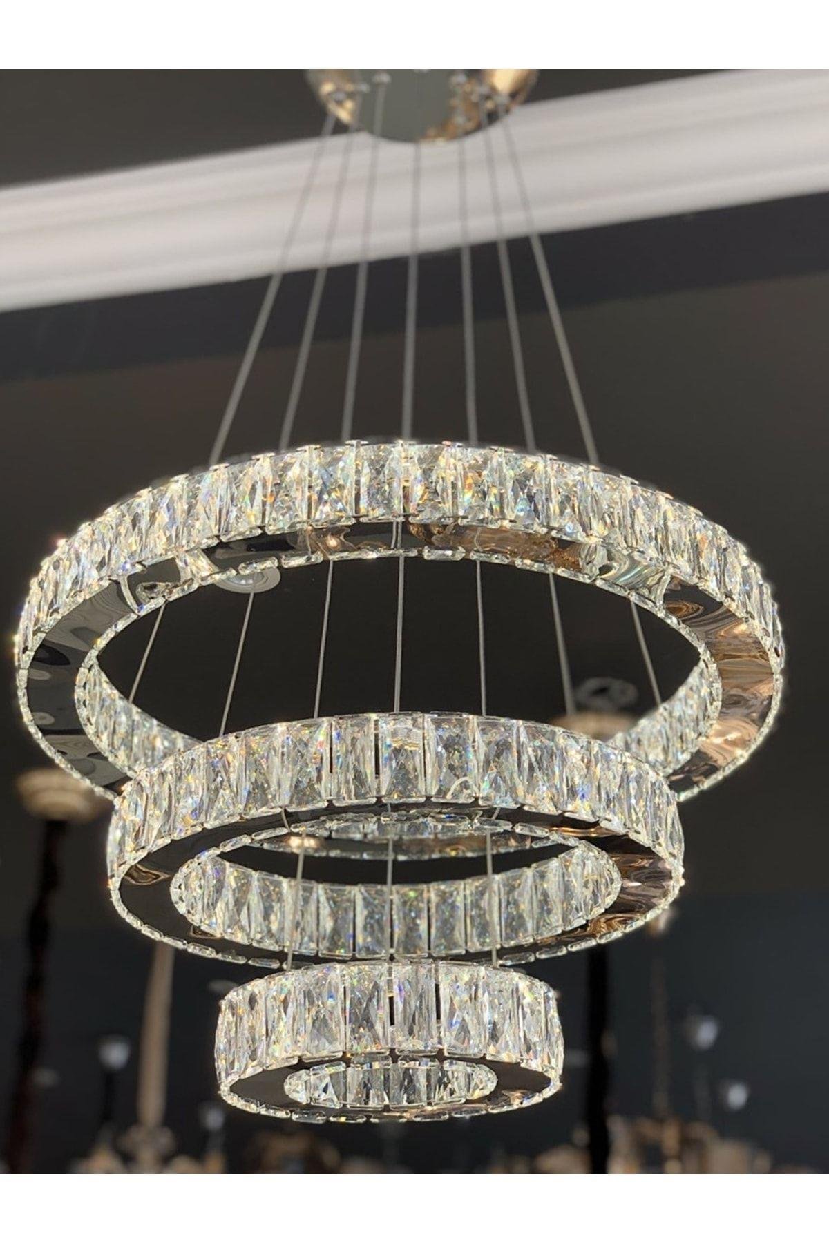 A+ Modern Sarkıt Üçlü Kristal Taşlı Power Led Avize Kademeli 3 Renk Kumandalı Krom