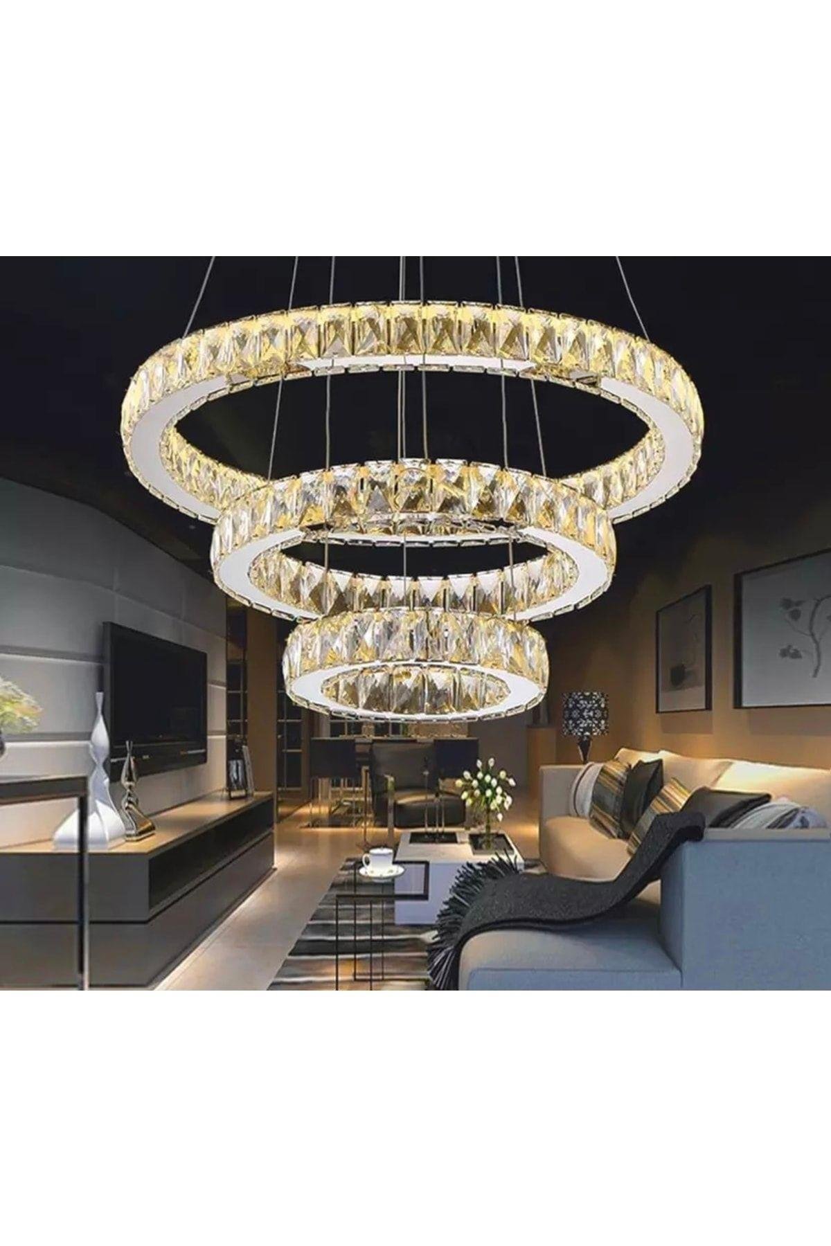 A+ Modern Sarkıt Üçlü Kristal Taşlı Power Led Avize Kademeli 3 Renk Kumandalı Krom