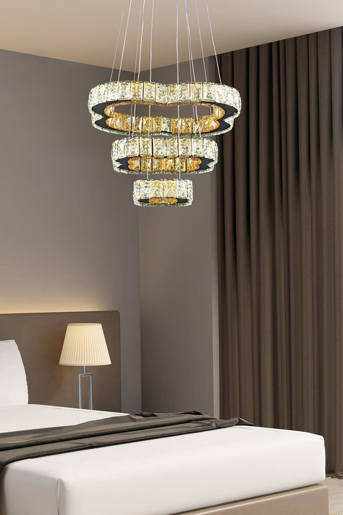 A+ Modern Sarkıt Üçlü Kristal Taşlı Power Led Avize Kademeli 3 Renk Kumandalı Krom