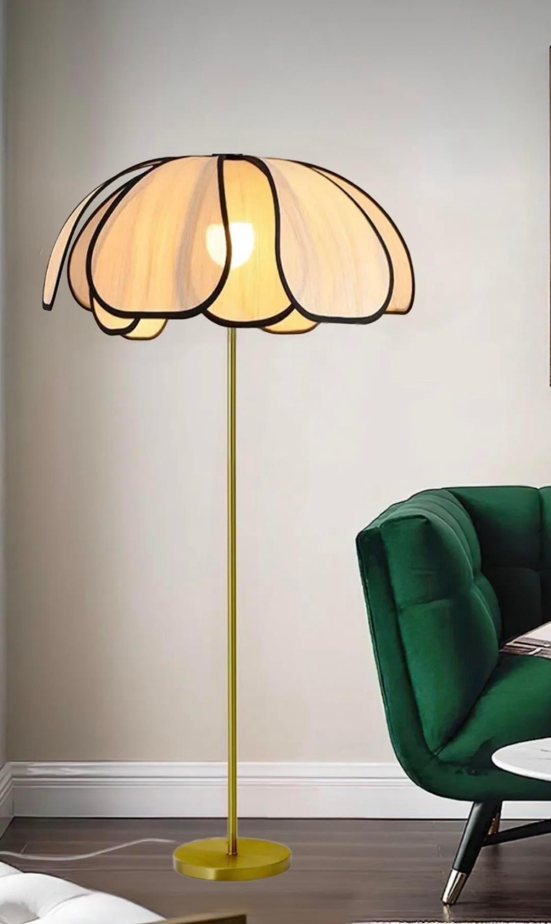 Boheme Modern Tasarım Palm Burenze Dekoratif Lambader Siyah Gövde Ekru Kumaş Abajur